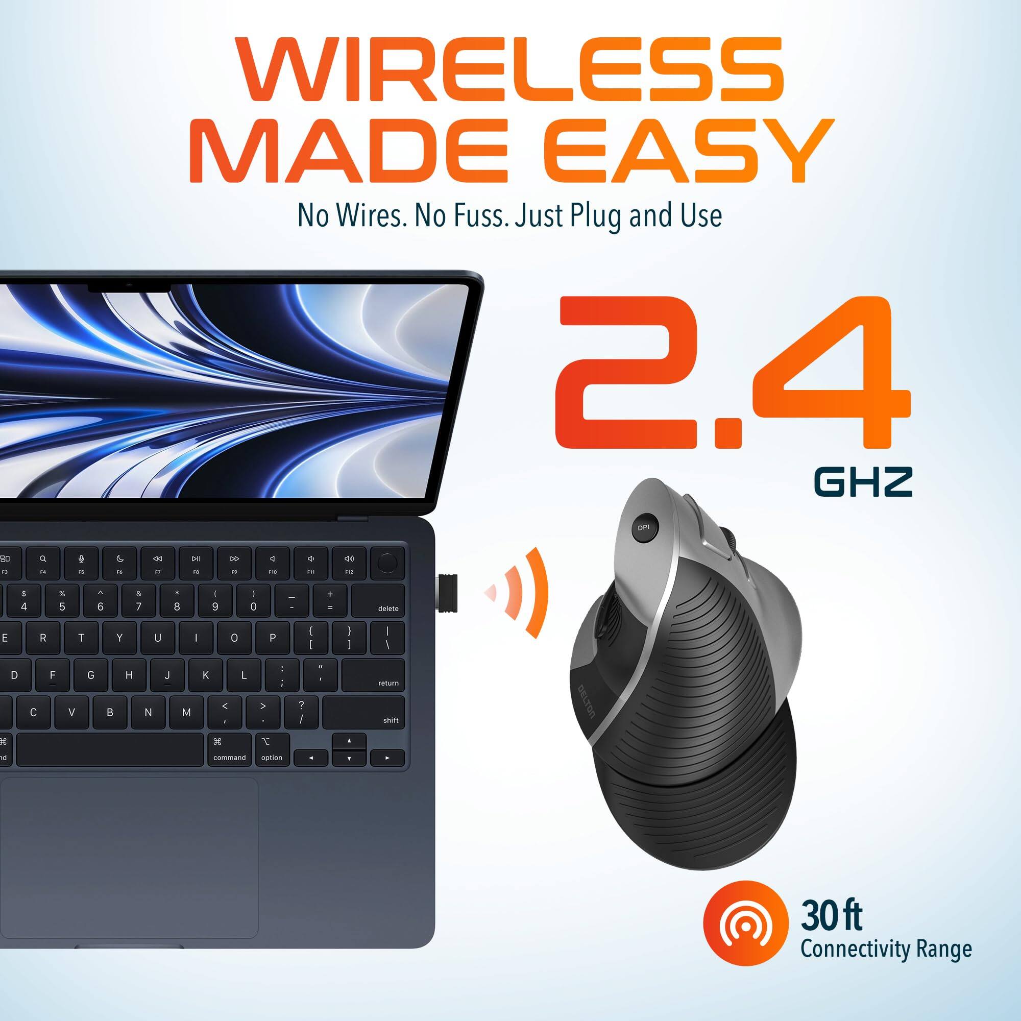 WIRELESS MADE EASY  
No Wires. No Fuss. Just Plug and Use  

2.4 GHZ  

30 ft Connectivity Range