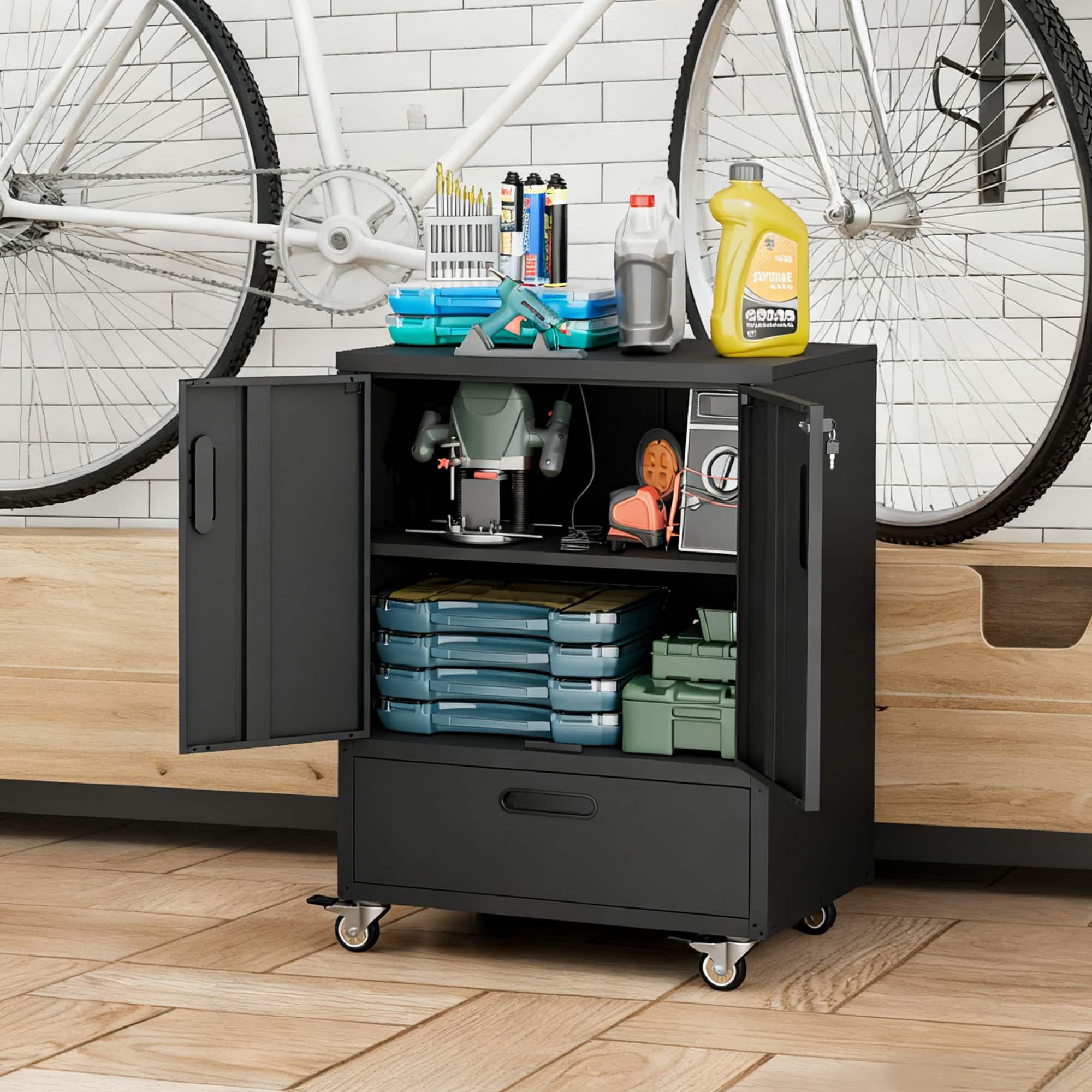 Anysun - Eco-Friendly Finish Heavy-Duty Steel Mobile Tool Cabinet with Lockable Casters and Drawer - Black