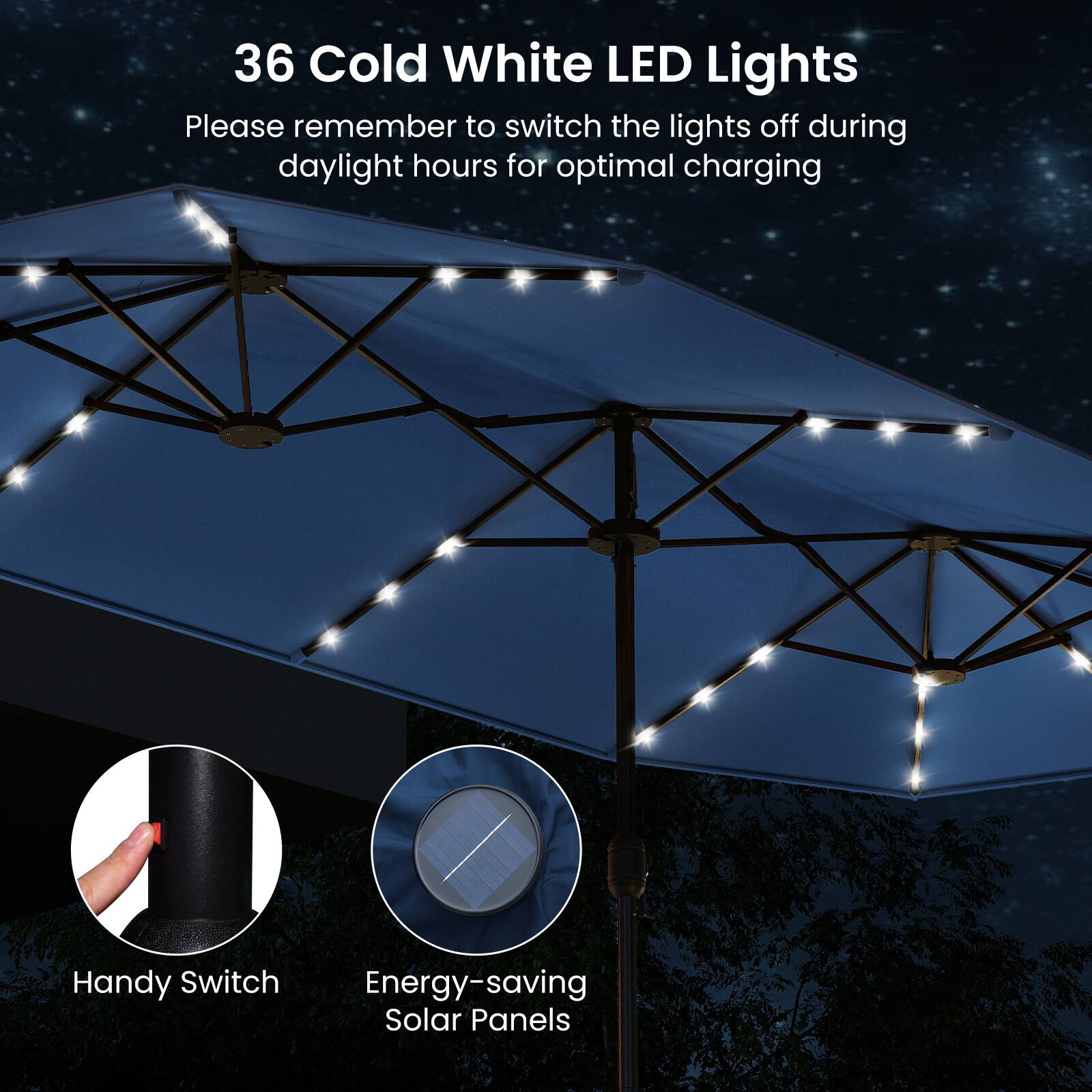 36 Cold White LED Lights  
Please remember to switch the lights off during daylight hours for optimal charging  

Handy Switch  
Energy-saving Solar Panels