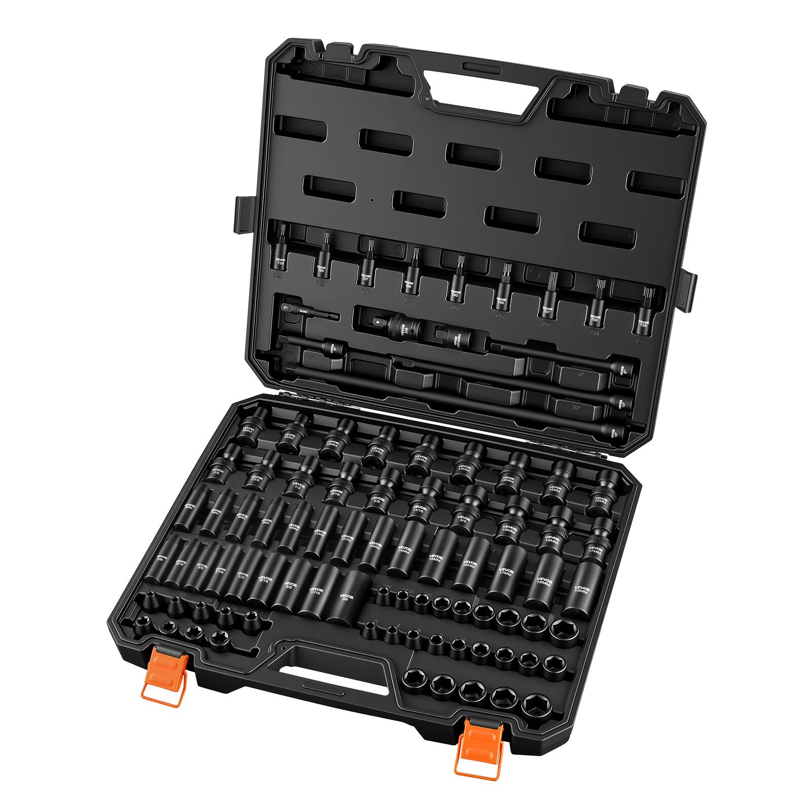 Alt View 5. VEVOR - Impact Socket Set, 3/8" Drive, 90-Piece Socket Set, 6 Point Sockets, SAE 1/4"-3/4" and Metric 6-19 mm, Easy to Identify - Black.
