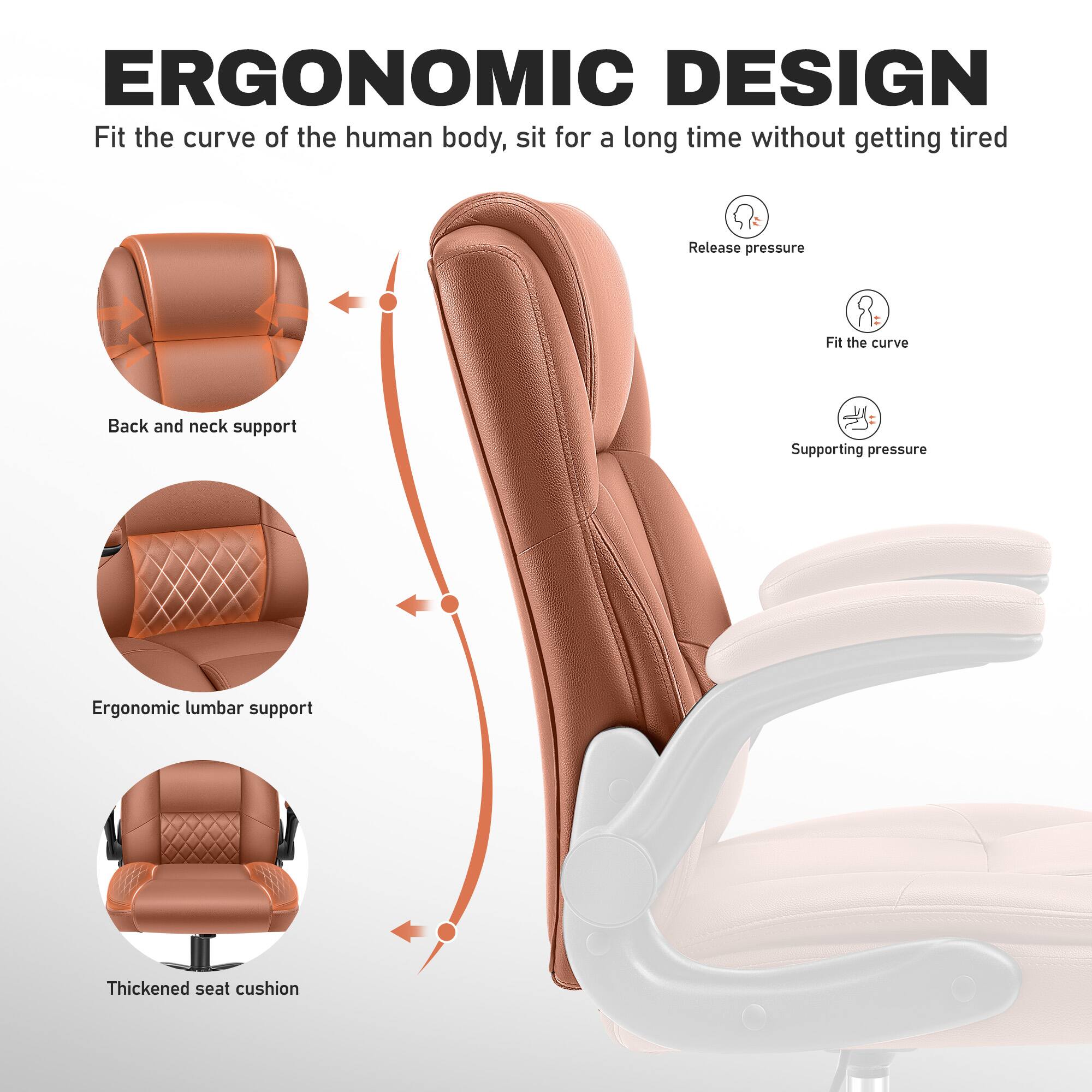 ERGONOMIC DESIGN  
Fit the curve of the human body, sit for a long time without getting tired  

- Back and neck support  
- Ergonomic lumbar support  
- Thickened seat cushion  

- Release pressure  
- Fit the curve  
- Supporting pressure