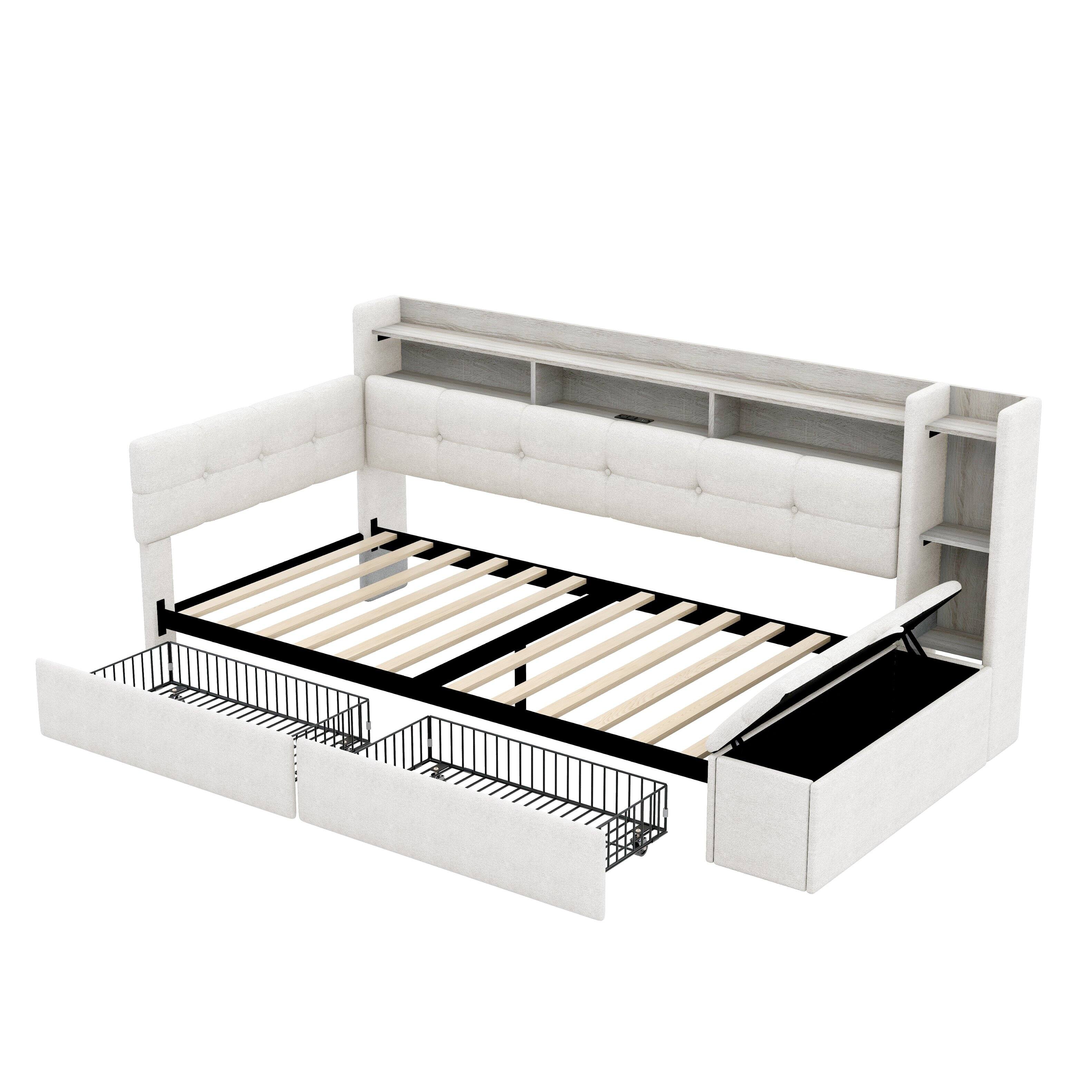 Alt View 1. Whisen - Upholstered Daybed with Storage Drawers, LED Light, USB Ports & Footstool - Beige.