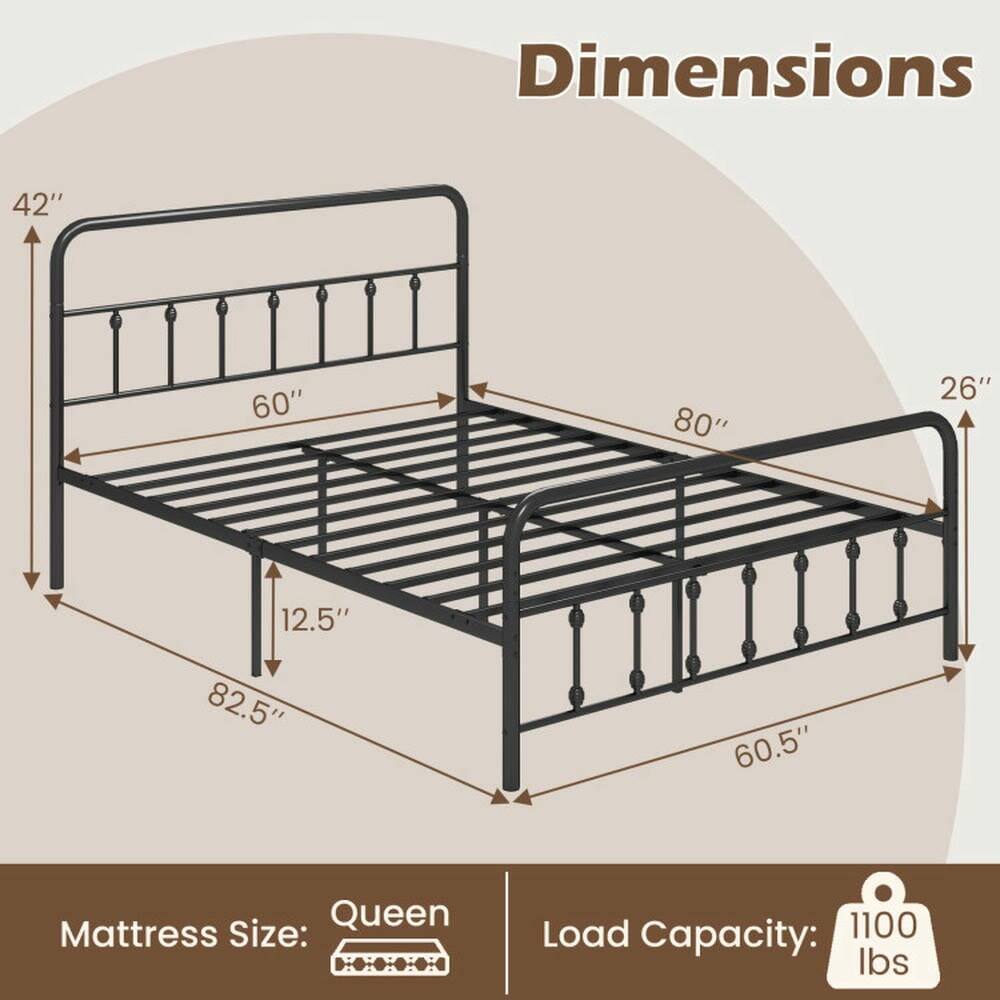 Dimensions:  
42" x 60" x 80" x 26" x 12.5" x 82.5" x 60.5"  

Mattress Size: Queen  

Load Capacity: 1100 lbs