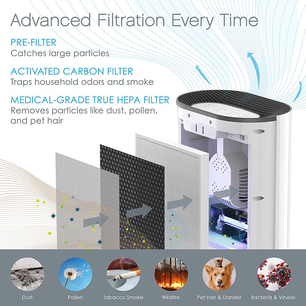 The image showcases an air purifier with a pre-filter, activated carbon filter, and a medical-grade true HPA filter. The pre-filter catches large particles, while the activated carbon filter traps household odors and smoke. The medical-grade true HPA filter removes particles like dust, pollen, pet hair, and bacteria and viruses. The image also features a dog, emphasizing the importance of clean air for pets as well.