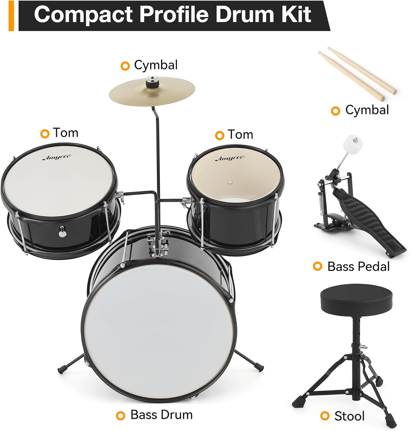 Compact Profile Drum Kit

- Cymbal
- Tom
- Tom
- Cymbal
- Bass Drum
- Bass Pedal
- Stool