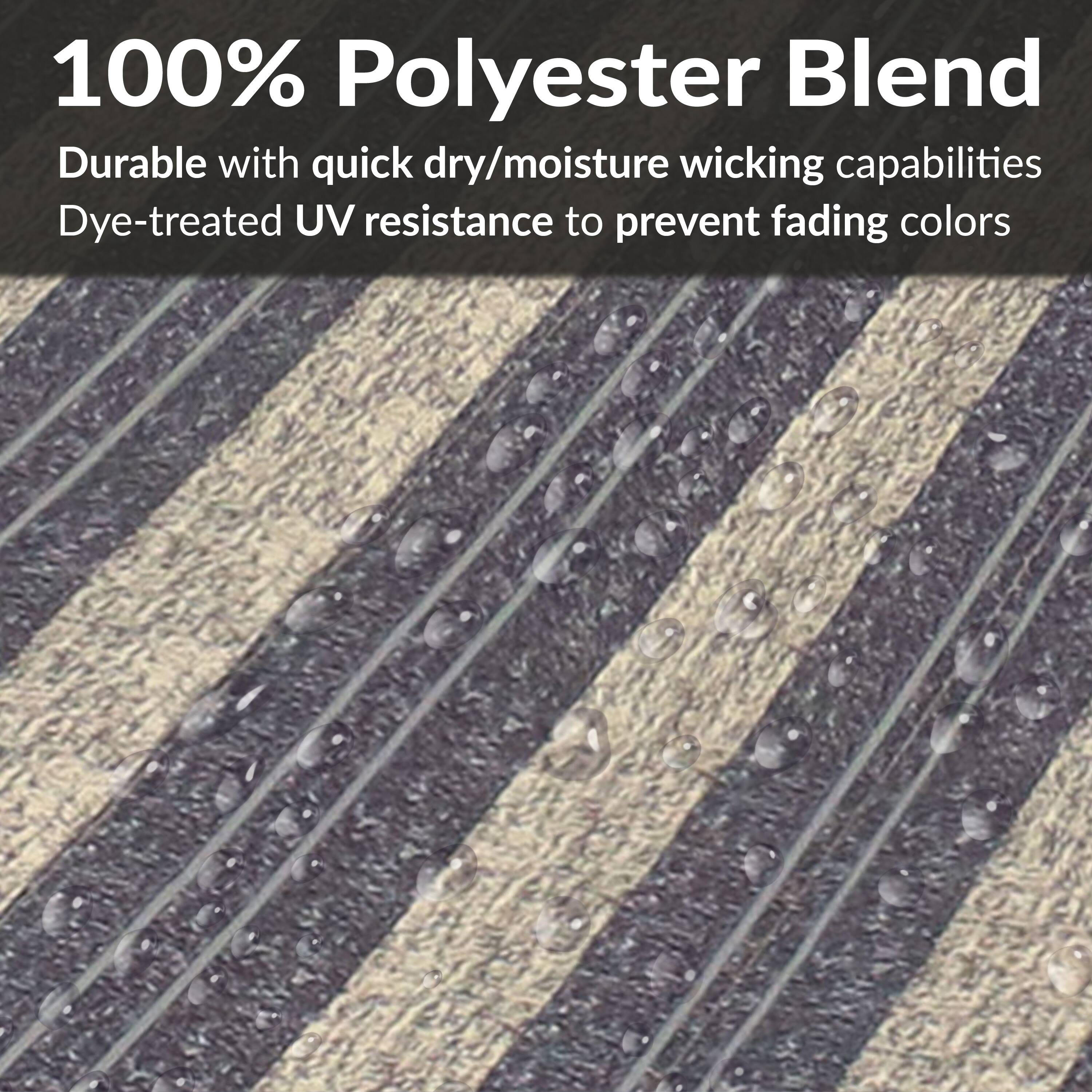 100% Polyester Blend

Durable with quick dry/moisture wicking capabilities

Dye-treated UV resistance to prevent fading colors