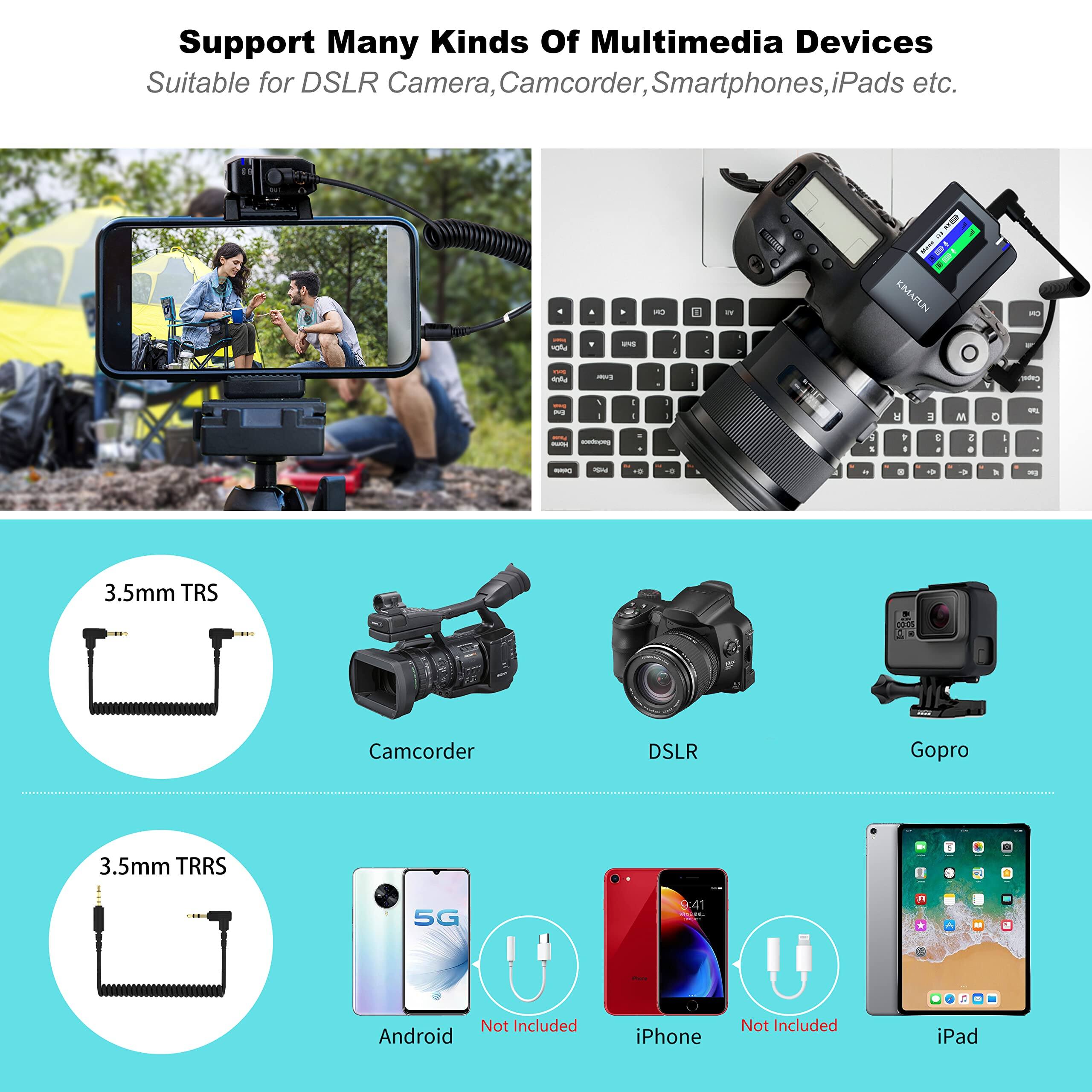 Support Many Kinds Of Multimedia Devices  
Suitable for DSLR Camera, Camcorder, Smartphones, iPads etc.

3.5mm TRS  
Camcorder  
DSLR  
Gopro

3.5mm TRRS  
Android  
Not Included  
iPhone  
Not Included  
iPad  
Not Included