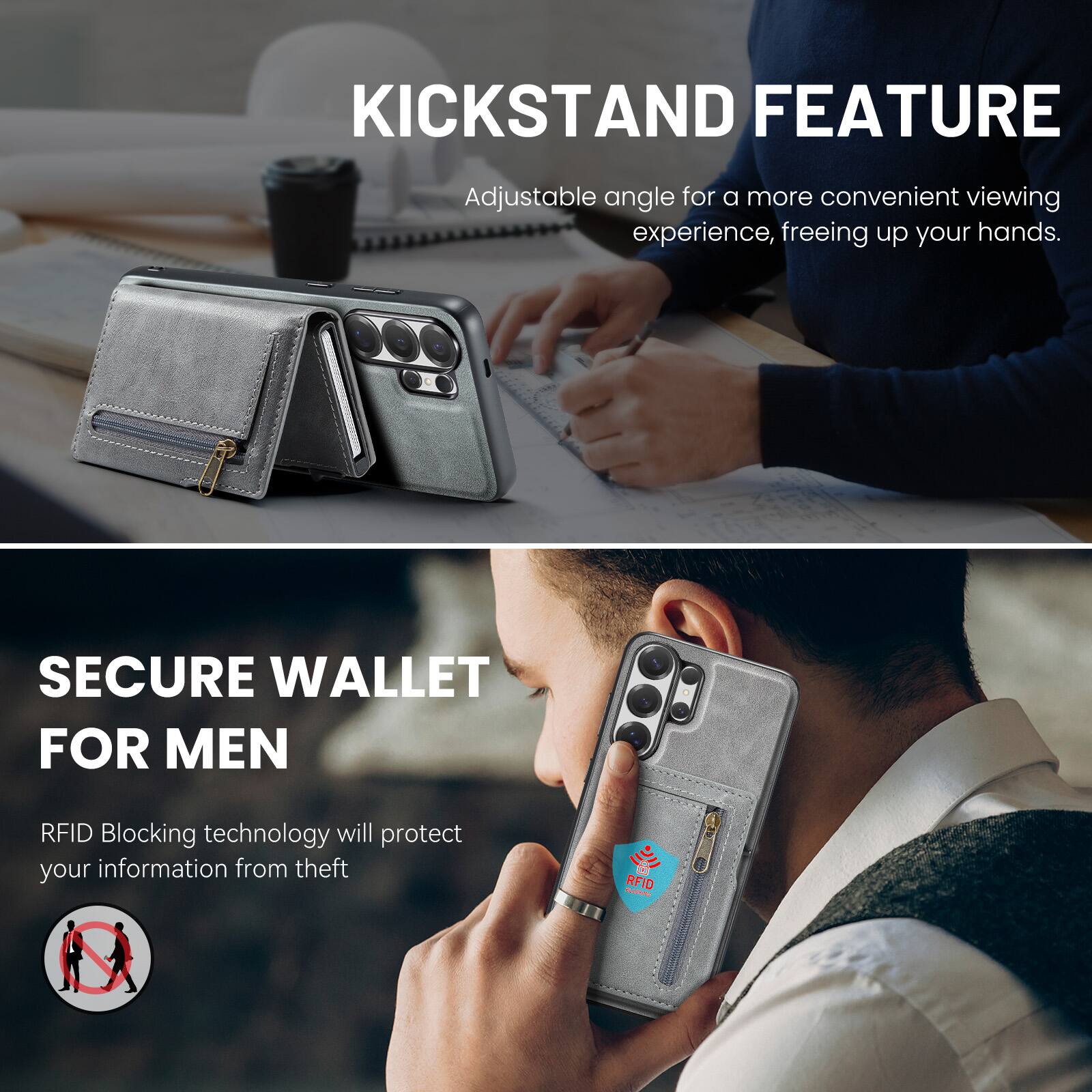 KICKSTAND FEATURE  
Adjustable angle for a more convenient viewing experience, freeing up your hands.  

SECURE WALLET FOR MEN  
RFID Blocking technology will protect your information from theft