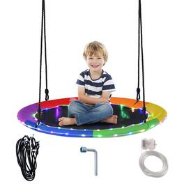 Costway - 40" Saucer Tree Swing 660 LBS for Kids Adults Outdoor with LED Lights - Black Rainbow