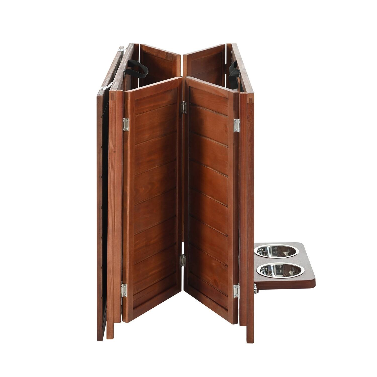 Back. Pefilos - 33" Wood Foldable Dog Crate with 360° Rotating Feeder, Removable Tray, Multi-Functional Kennel for Medium to Small Dogs.