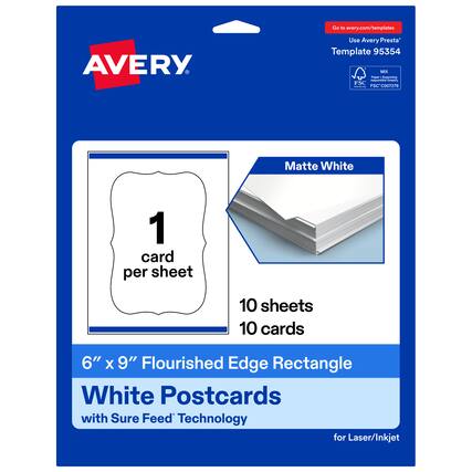 Go to avery.com/templates
Use Avery Presta Template 95354
MX
FSC - I - FSC C007276
Matte White
1 card per sheet
10 sheets
10 cards
6" x 9" Flourished Edge Rectangle
White Postcards with Sure Feed Technology for Laser/Inkjet