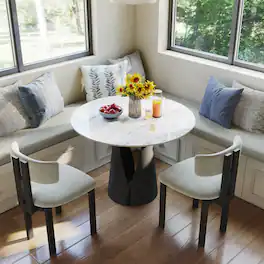 POVISON - 35" Modern Bistro Table for Breakfast Nook & Compact Spaces, Glossy Sintered Stone Top with Black Metal Base - White