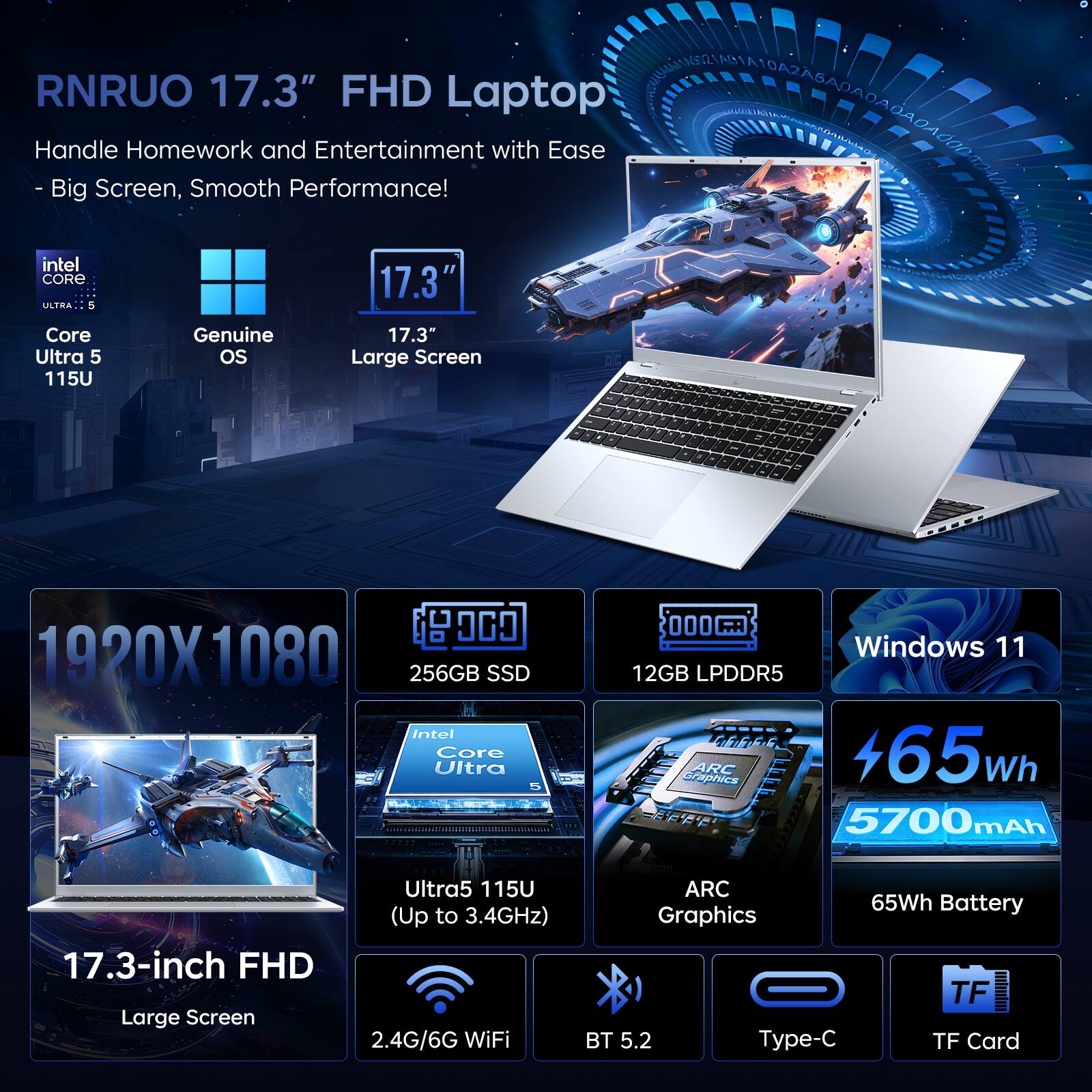 RNRUO 17.3" FHD Laptop  
Handle Homework and Entertainment with Ease - Big Screen, Smooth Performance!

- Intel Core Ultra 5 115U
- Genuine OS
- 17.3" Large Screen
- 1920x1080
- 256GB SSD
- 12GB LPDDR5
- Windows 11
- 17.3-inch FHD Large Screen
- Ultra5 115U (Up to 3.4GHz)
- 2.4G/6G WiFi
- ARC Graphics
- 65Wh Battery
- 5700mAh
- BT 5.2
- Type-C
- TF Card