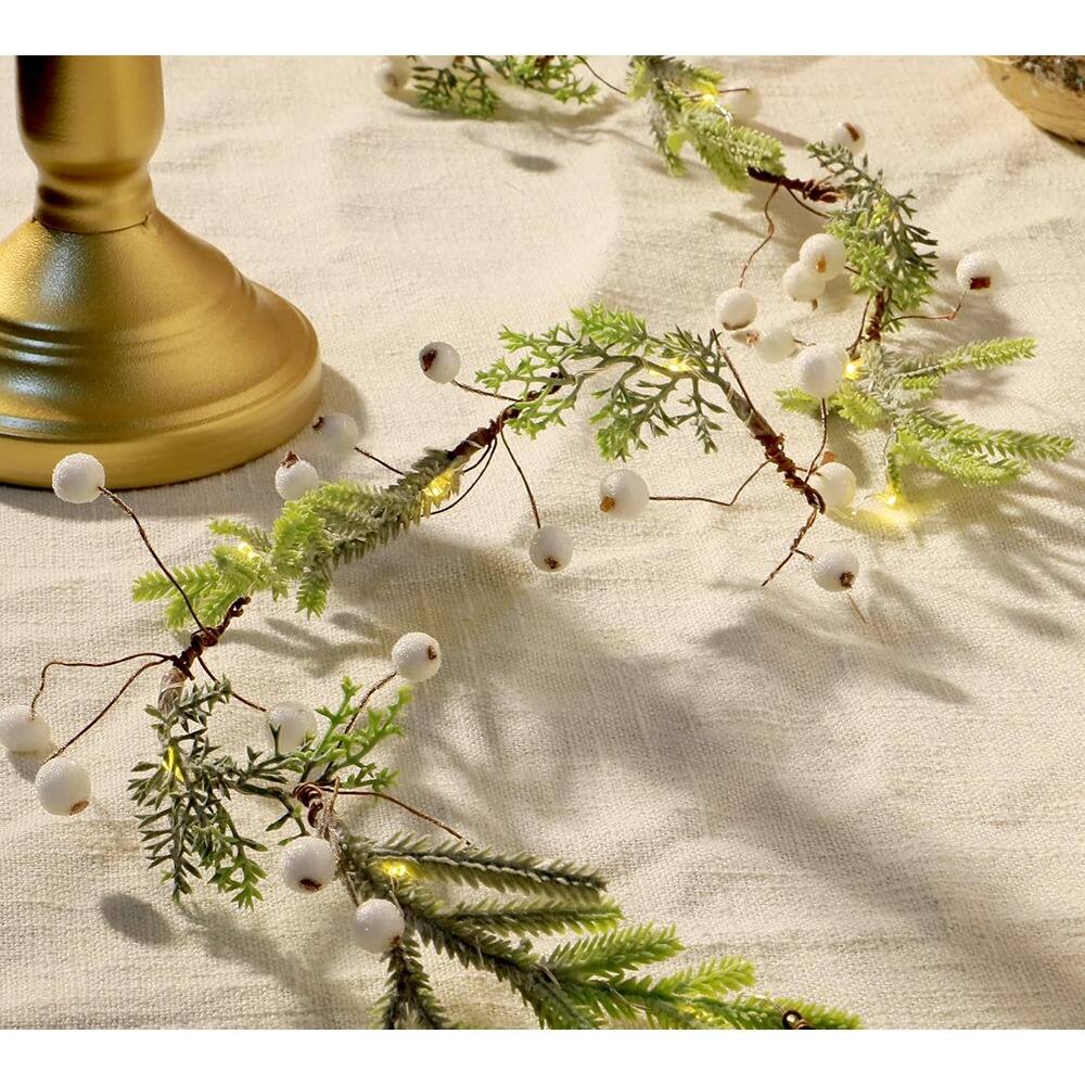 Alt View 1. PARKER SLATER - 6.5ft Norfolk Pine Christmas Garland with 25 LED Lights, White Berries, Remote - Green.