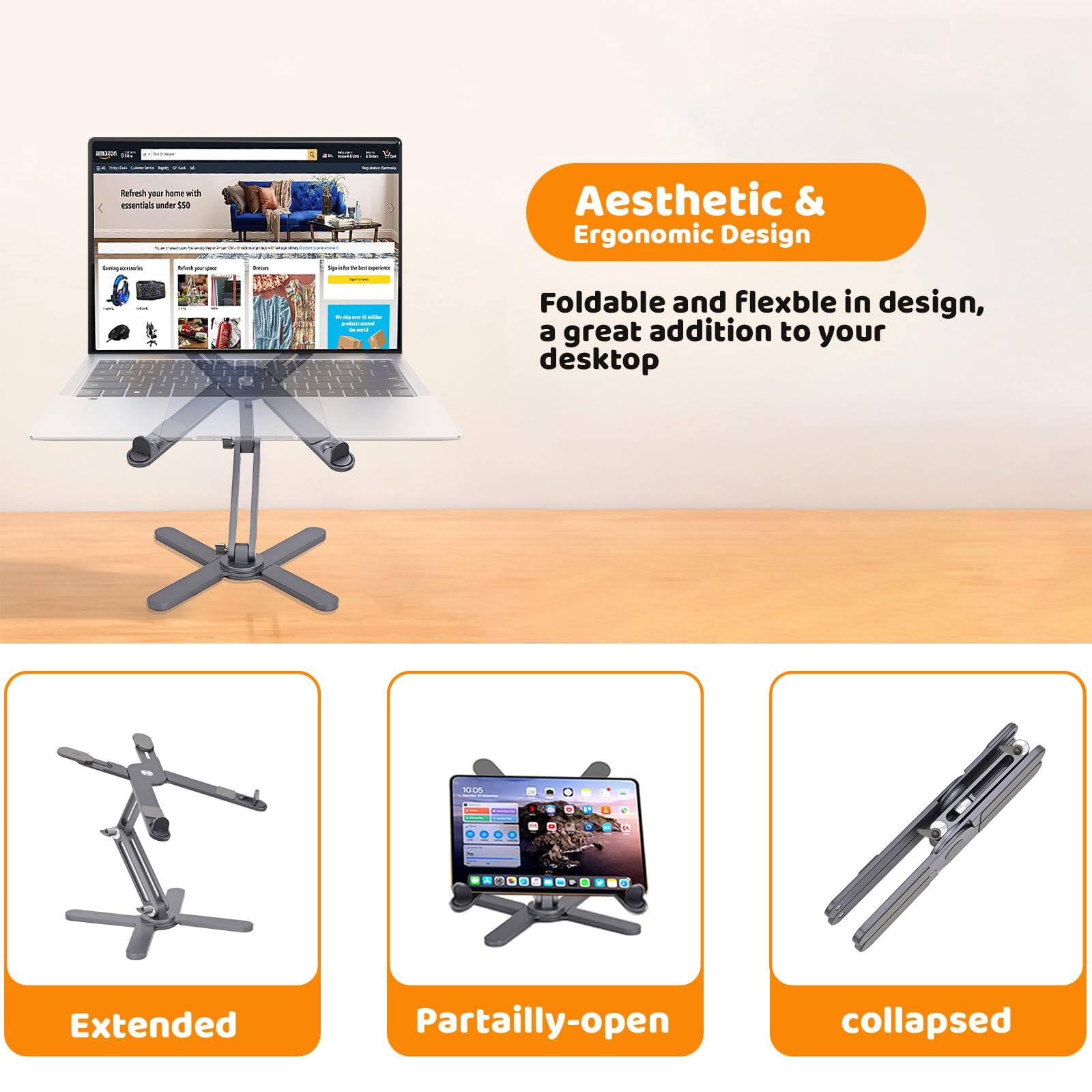 - Refresh your home with essentials under $50
- Aesthetic & Ergonomic Design: Foldable and flexible in design, a great addition to your desktop
- Extended
- Partially-open
- Collapsed