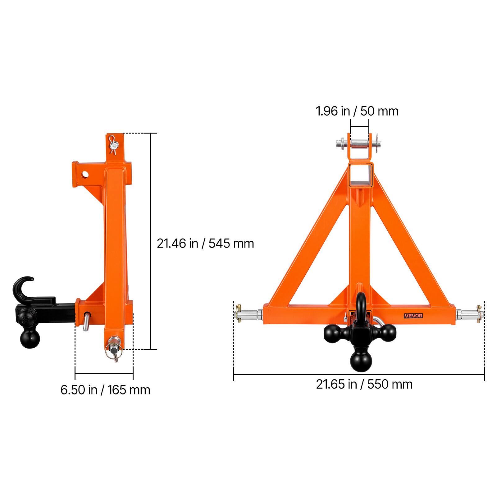 1.96 in / 50 mm  
21.46 in / 545 mm  
6.50 in / 165 mm  
21.65 in / 550 mm  

VEVOR