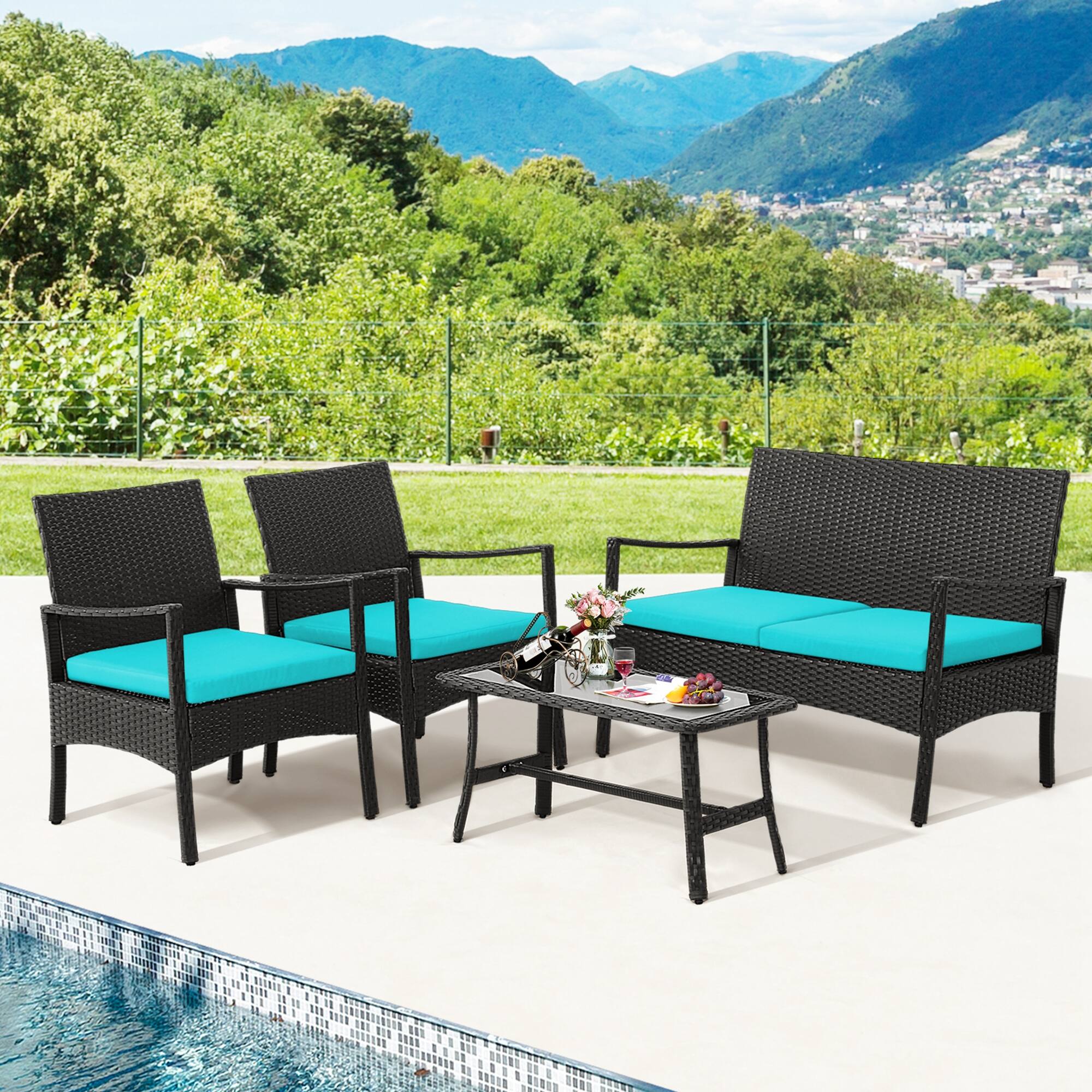 Alt View 1. Costway - Costway 4PCS Patio Wicker Furniture Set Cushioned Chairs& Loveseat with Coffee Table Garden - Turquoise.