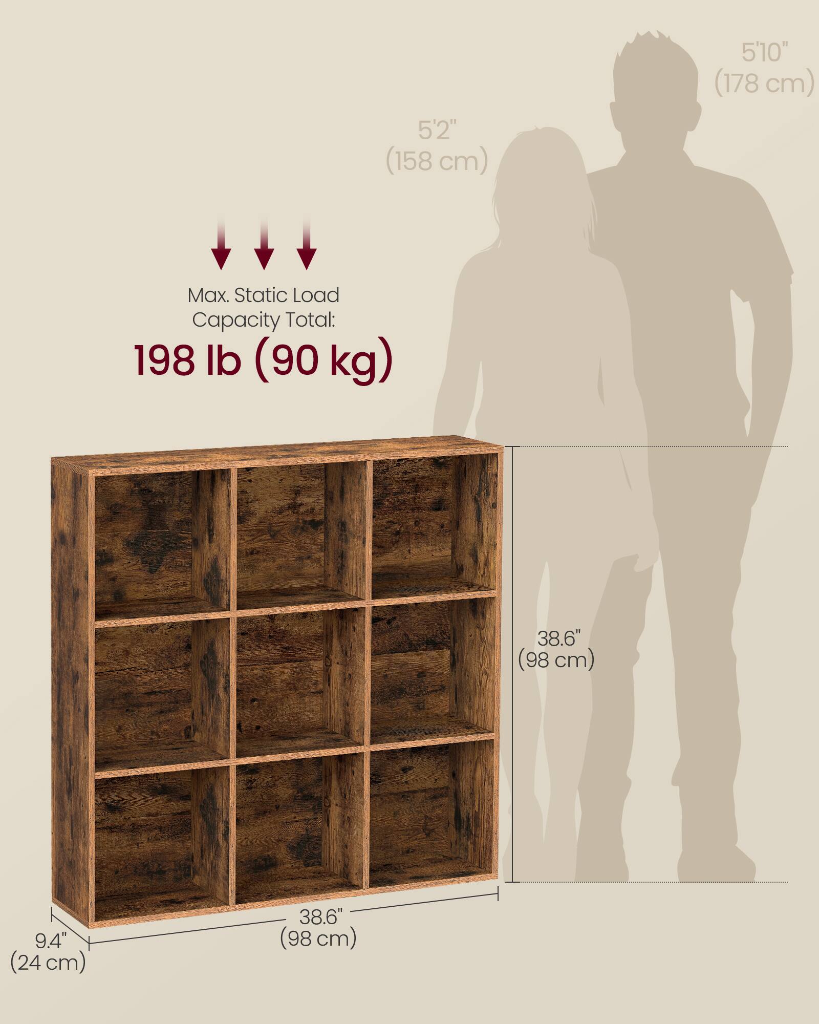 5'2" (158 cm)  
5'10" (178 cm)  

Max. Static Load Capacity Total: 198 lb (90 kg)  

38.6" (98 cm)  
9.4" (24 cm)  
38.6" (98 cm)