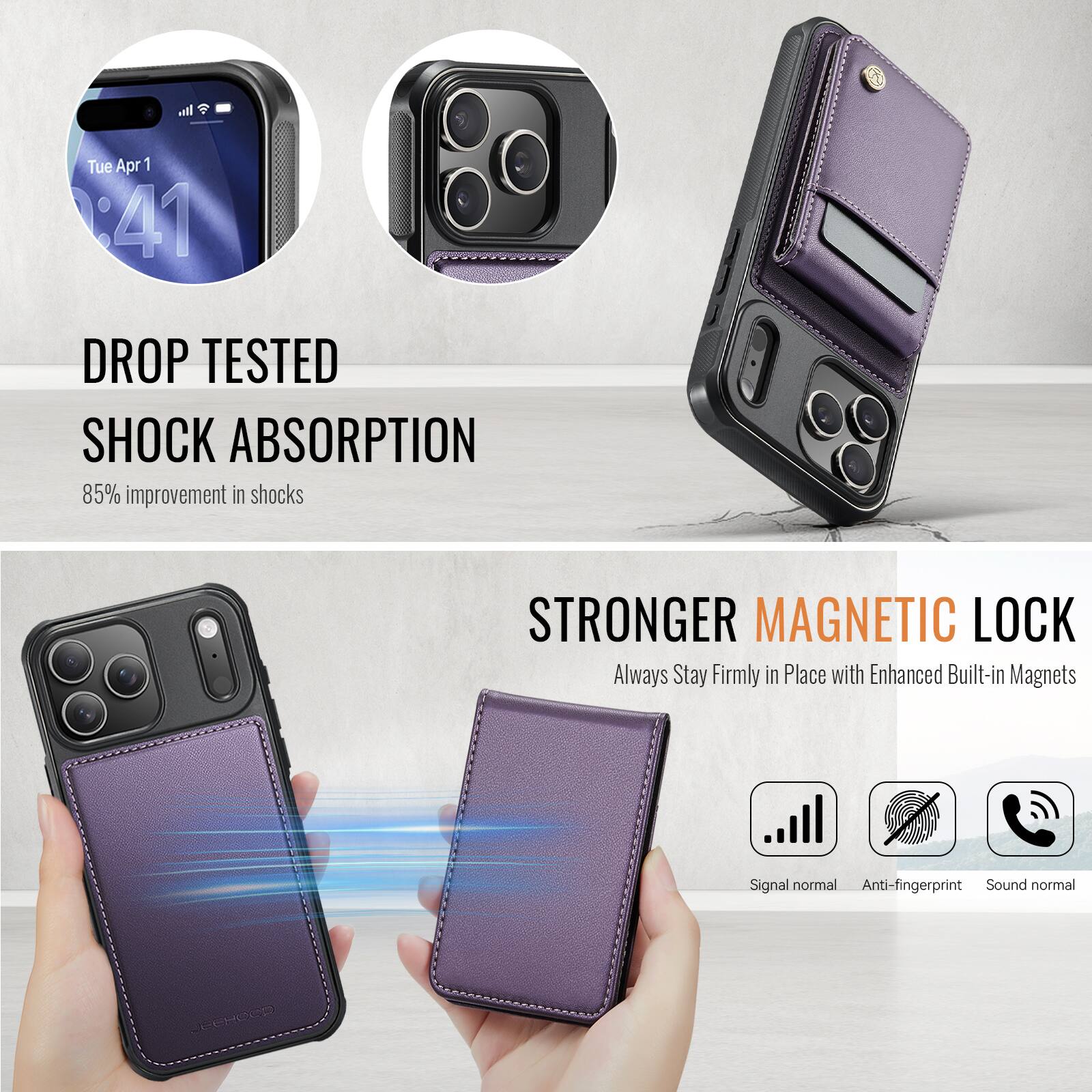 Tue Apr 1 4:41 DROP TESTED SHOCK ABSORPTION 85% improvement in shocks STRONGER MAGNETIC LOCK Always Stay Firmly in Place with Enhanced Built-in Magnets Signal normal Anti-fingerprint Sound normal