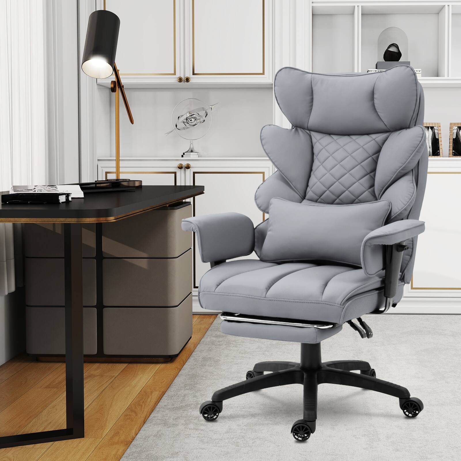 Alt View 4. Dowinx - Wide Back Executive Office Chair with Padded Pocket Spring Cushion, Reclining Gaming Chair with Footrest and Armrests - Grey PU Leather.