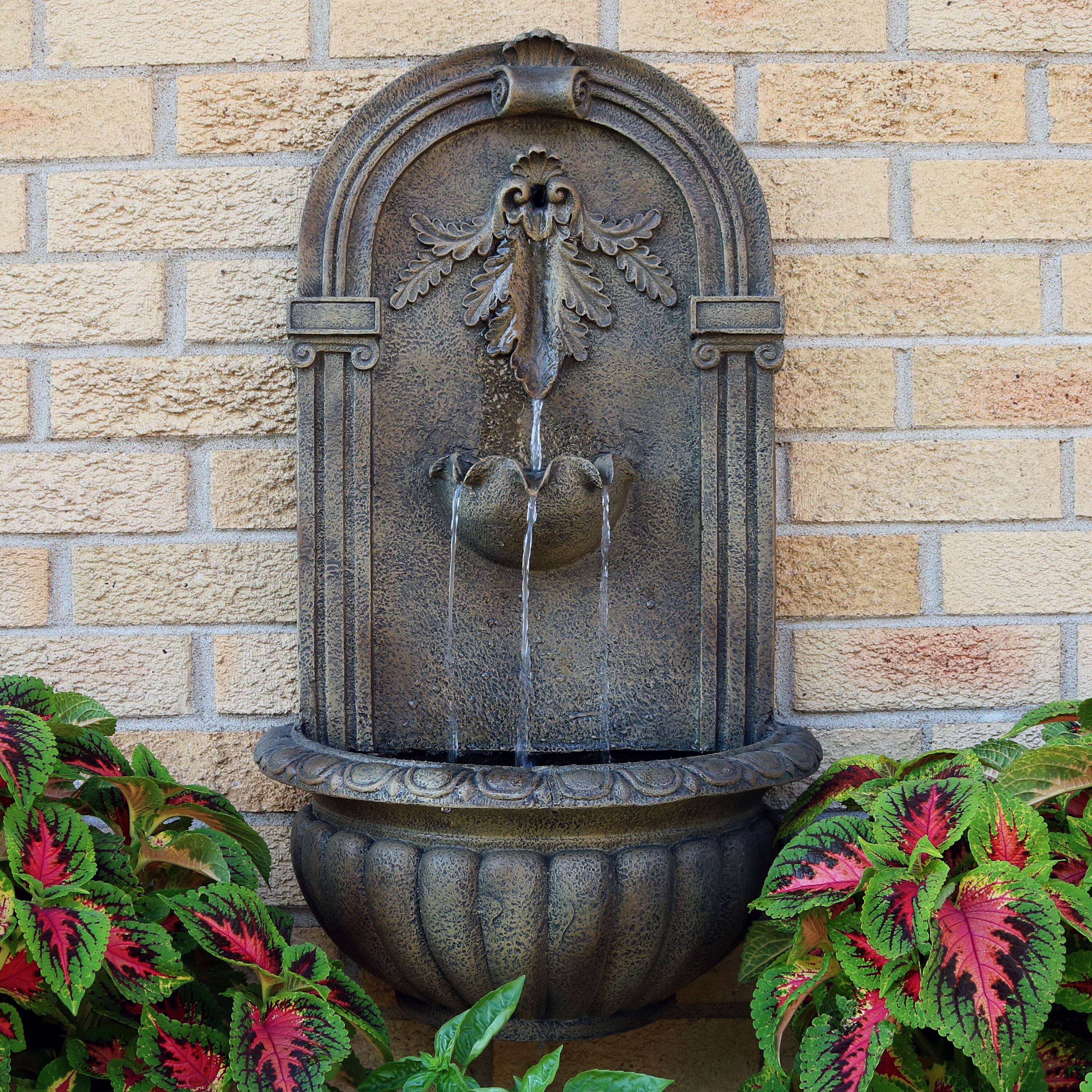 Alt View 2. Sunnydaze - Florence Outdoor Solar Wall Fountain with Battery - Florentine Stone.
