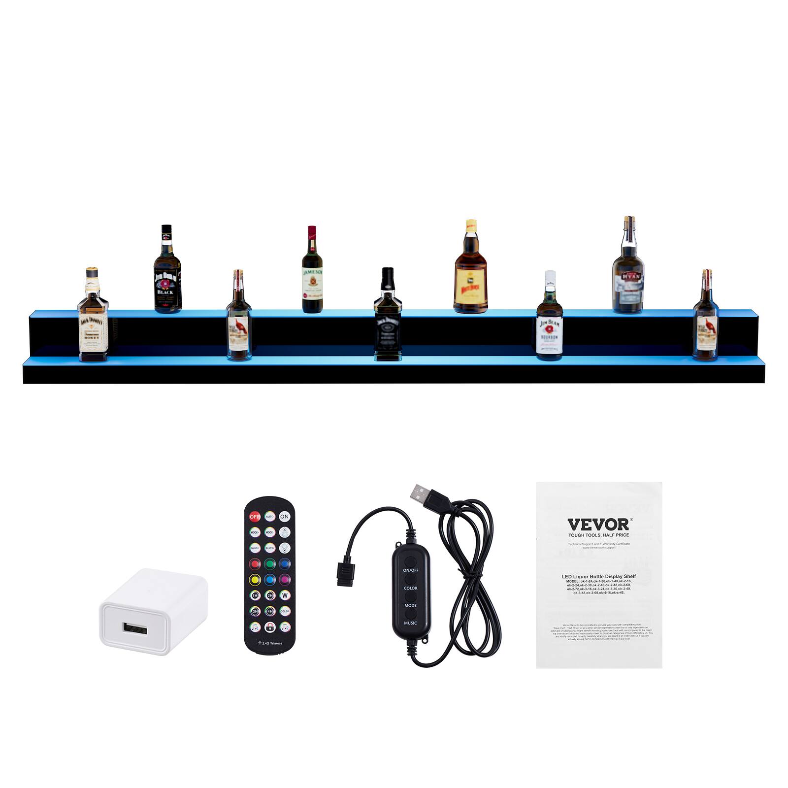 VEVOR  
TOUCH TOOLS, HALF PRICE  

LED Laser Bottle Display Sheet  

- Color: Black  
- Material: ABS Plastic  
- Size: 120 x 30 x 10 cm  
- Weight: 1.2 kg  
- Power: 12V DC, 2A  
- Remote Control Included  
- USB Charging Cable Included  

Features:  
- Touch-sensitive buttons for easy operation  
- LED lights for a stylish display  
- Durable and easy to clean  
- Perfect for home bars and entertainment areas  

Note:  
- Assembly required (tools not included)  
- For indoor use only  
- Avoid direct sunlight to prevent color fading  

VEVOR  
TOUCH TOOLS, HALF PRICE