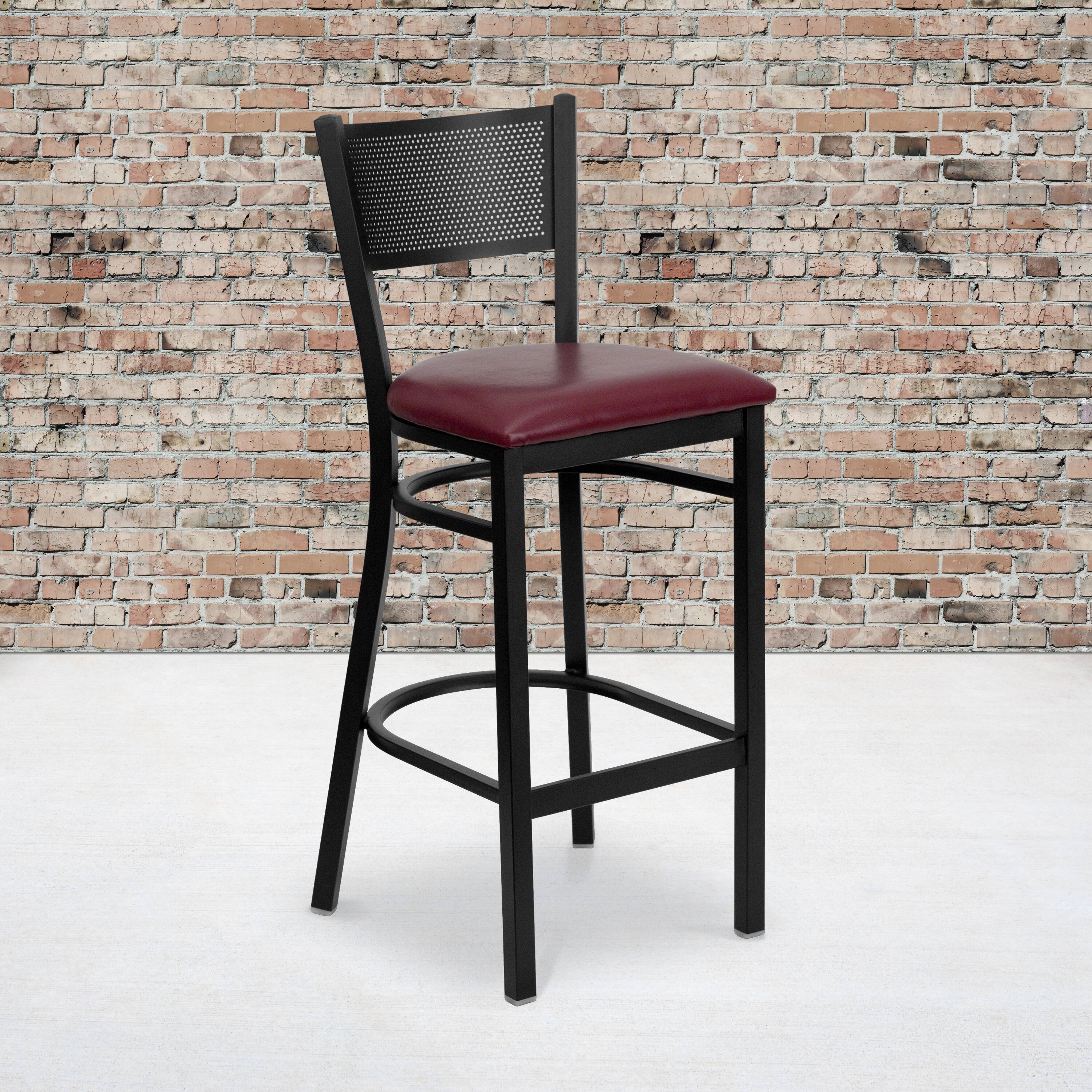 Angle. Flash Furniture - HERCULES Series Black Grid Back Metal Restaurant Barstool - Burgundy Vinyl Seat - Burgundy.