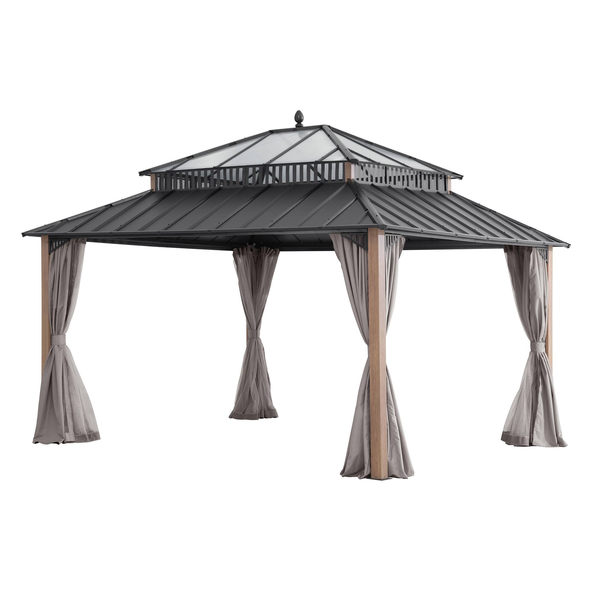Angle. SUNJOY - SUNJOY Kingston 14x12 Gazebo, Steel & PC Roof Hardtop Gazebo with Curtain and Netting - Woodgrain Aluminum Posts.