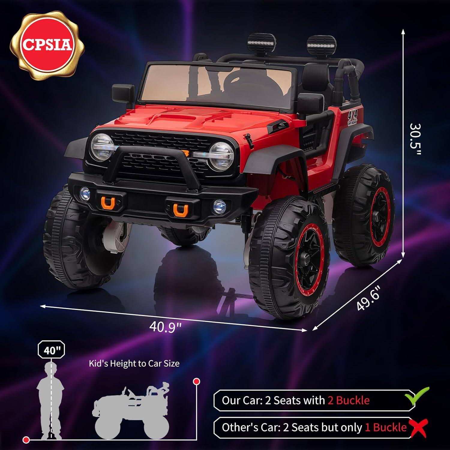 CPSIA 4L4  
30.5" U U 40.9" 49.6" 40"  
Kid's Height to Car Size  
Our Car: 2 Seats with 2 Buckle  
Other's Car: 2 Seats but only 1 Buckle