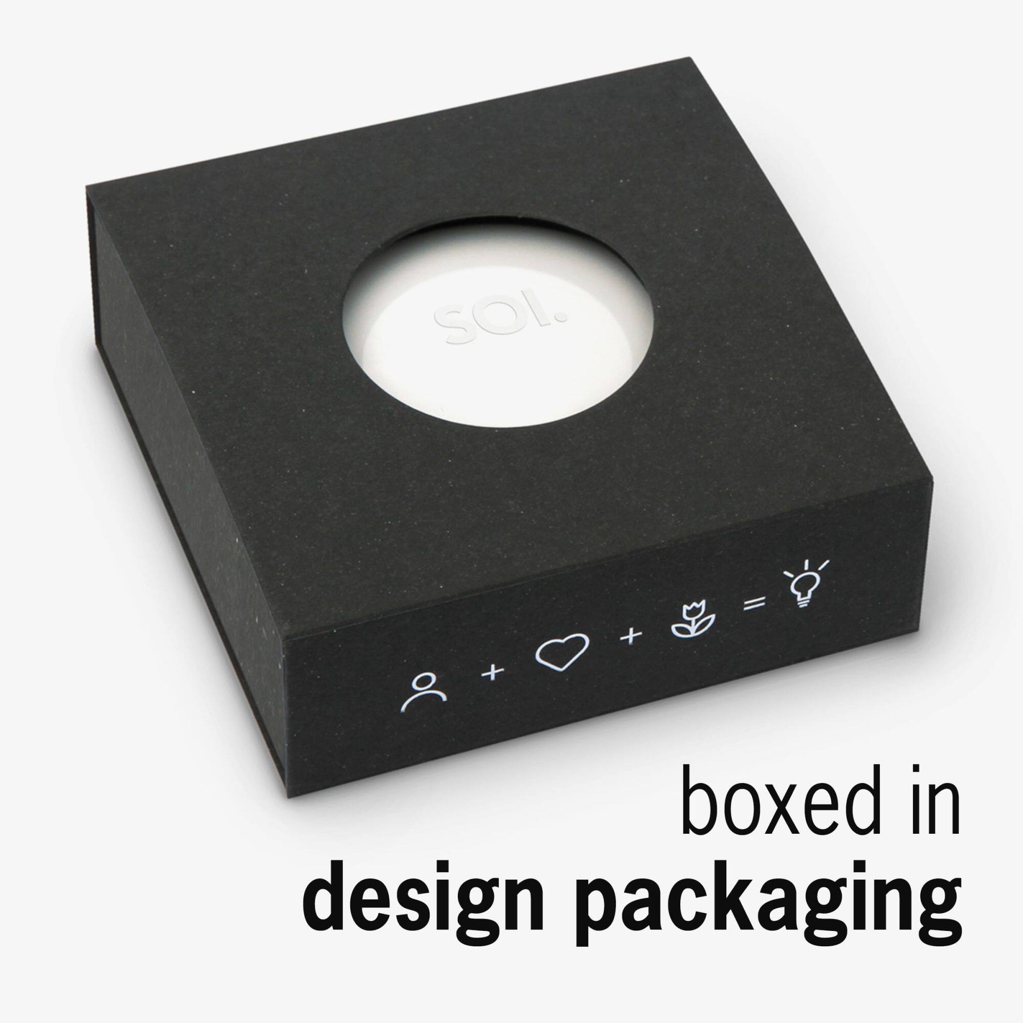 SOL. + + = boxed in design packaging