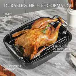 HONGBAKE - Nonstick Roasting Pan with Rack 15 x 11 inch - Turkey Roaster Pan for Ovens - Wider Handles & Heavy Duty Construction