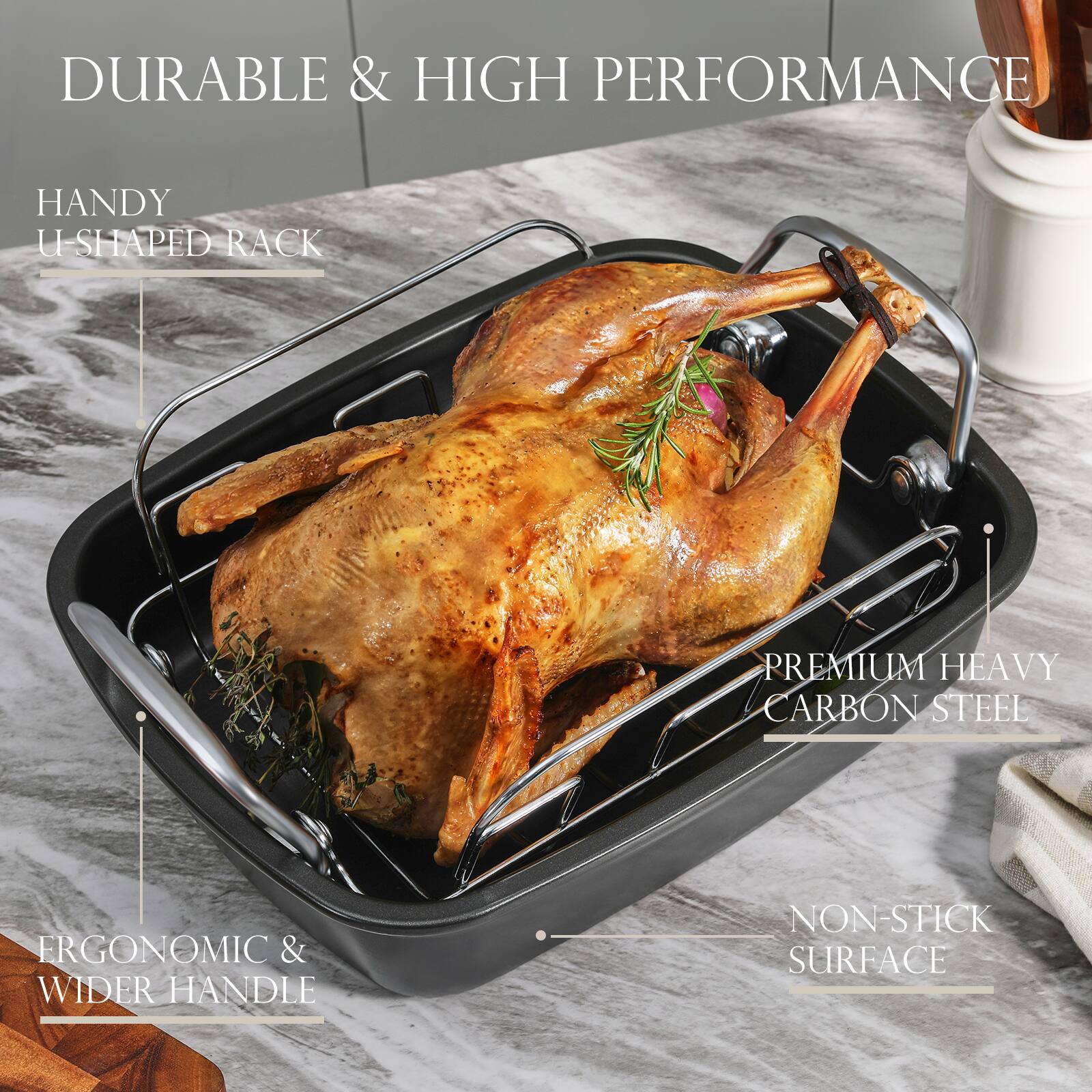 DURABLE & HIGH PERFORMANCE

HANDY U-SHAPED RACK

PREMIUM HEAVY CARBON STEEL

ERGONOMIC & WIDER HANDLE

NON-STICK SURFACE