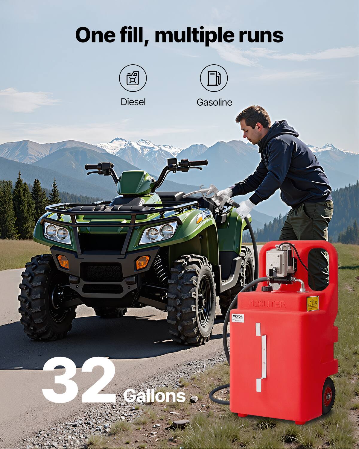 One fill, multiple runs
Diesel
Gasoline
120LITER
32 Gallons