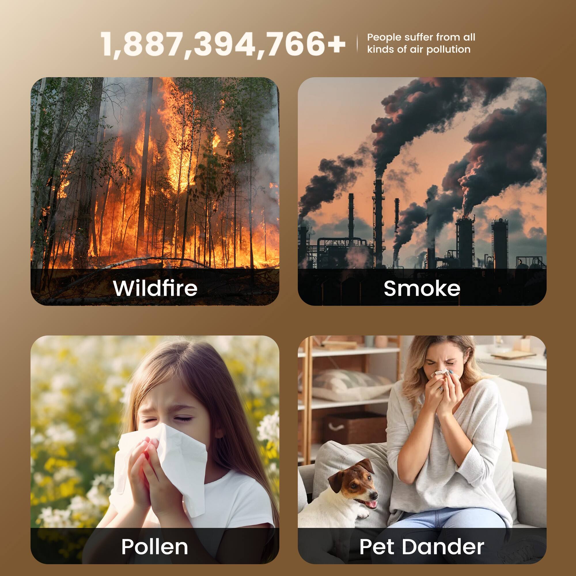 People suffer from all 1,887,394,766+ kinds of air pollution

- Wildfire
- Smoke
- Pollen
- Pet Dander