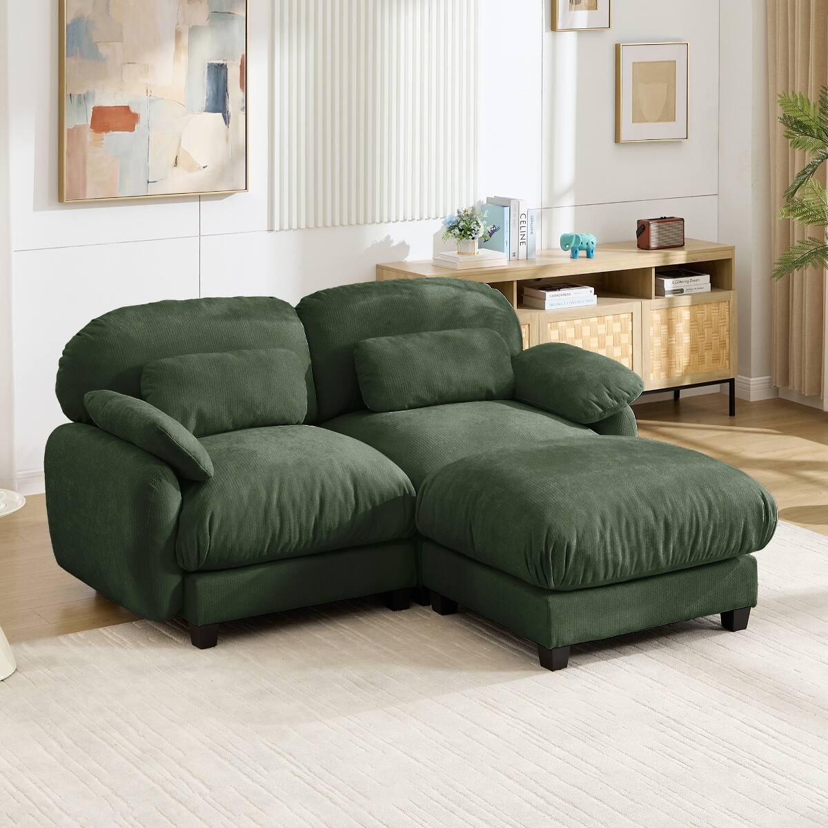 Ropilly 2 Seater L Shaped Sofa with Removable Ottoman, Green Chenille ...
