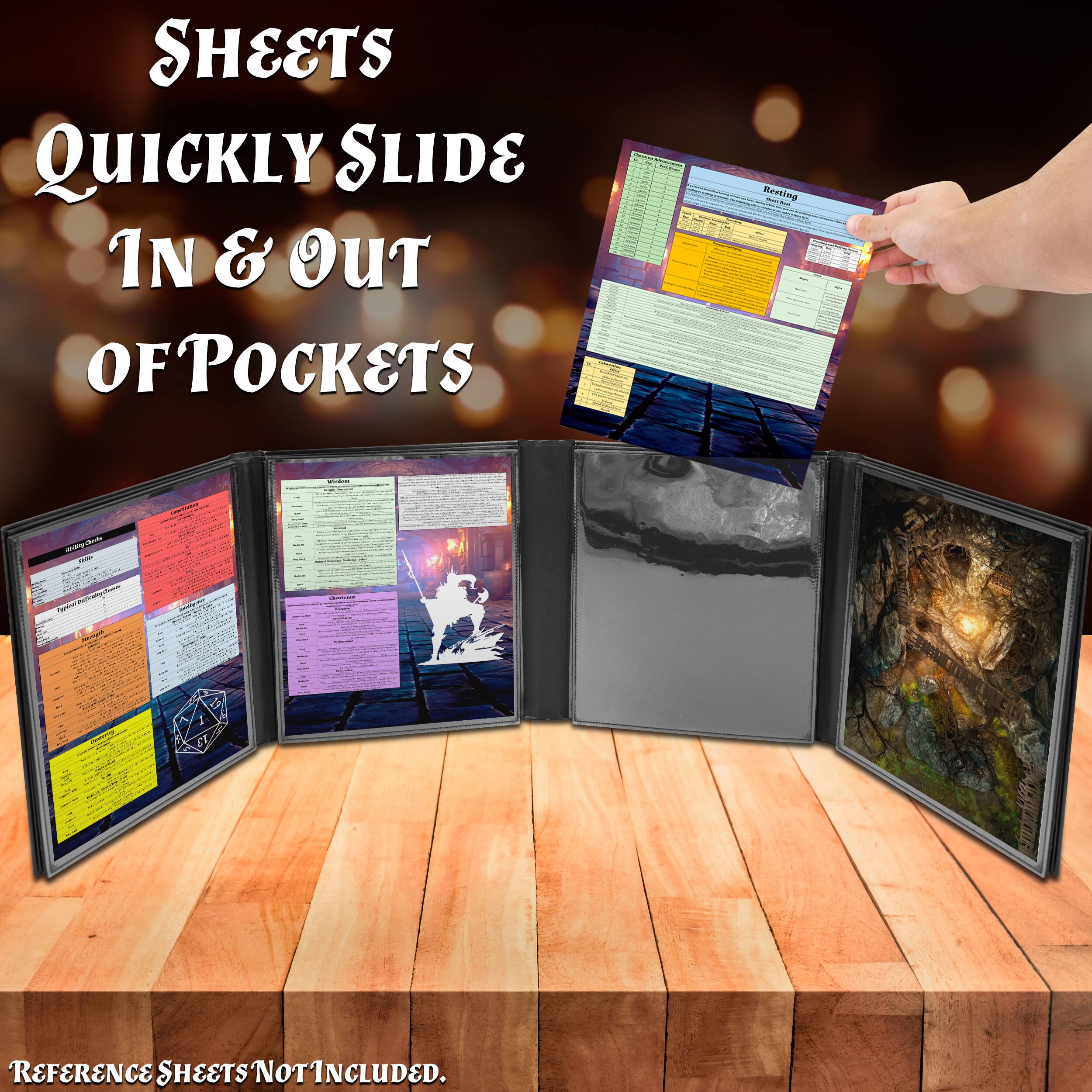 Sheets quickly slide in & out of pockets.  
Reference sheets not included.