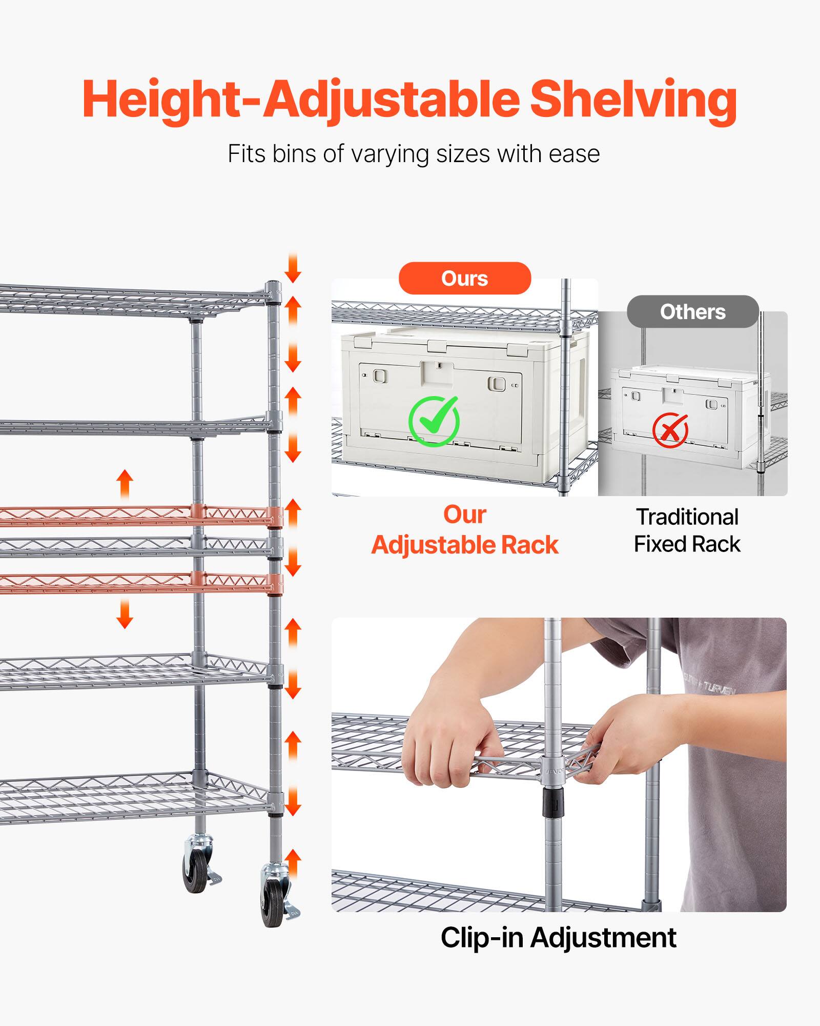 Height-Adjustable Shelving  
Fits bins of varying sizes with ease  

Ours  
Our Adjustable Rack  

Others  
Traditional Fixed Rack  

Clip-in Adjustment