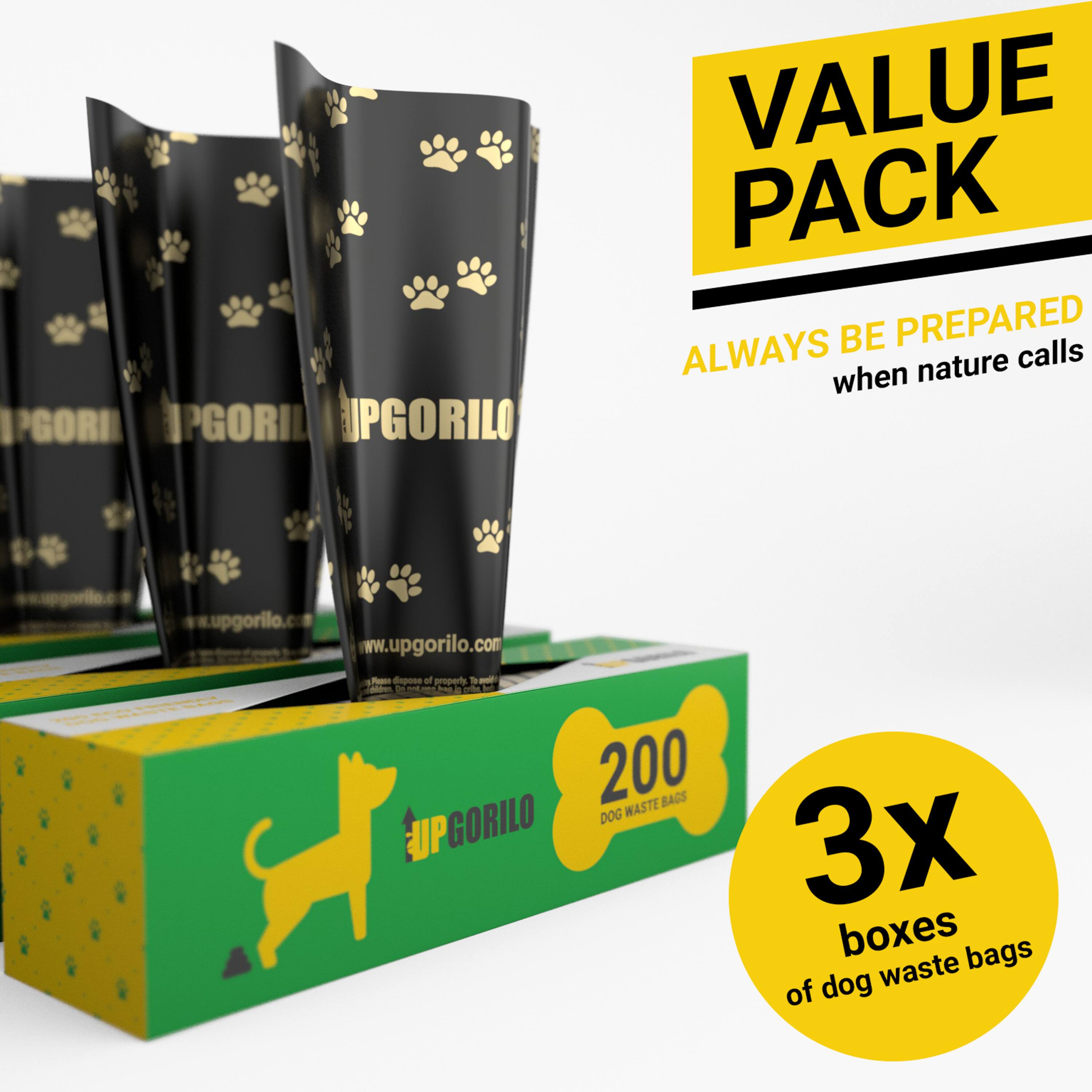UPGORILO VALUE PACK  
ALWAYS BE PREPARED when nature calls  
www.upgorilo.com  

3x boxes of dog waste bags  
200 BAGS