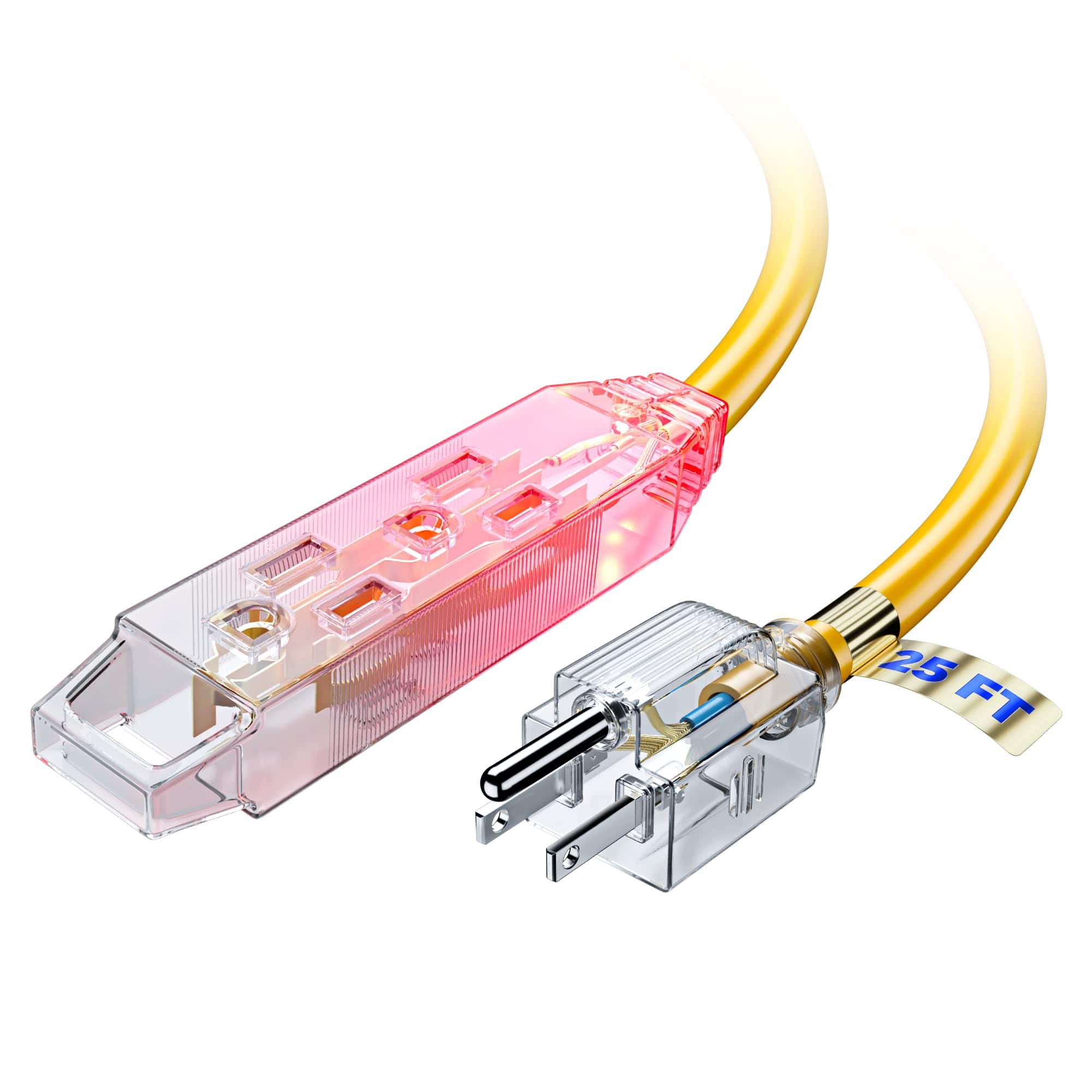 Maximm - Extension Cord 25 ft, Extension Cord with Multiple Outlets and Lit Ends,16 Gauge ETL Listed - Yellow