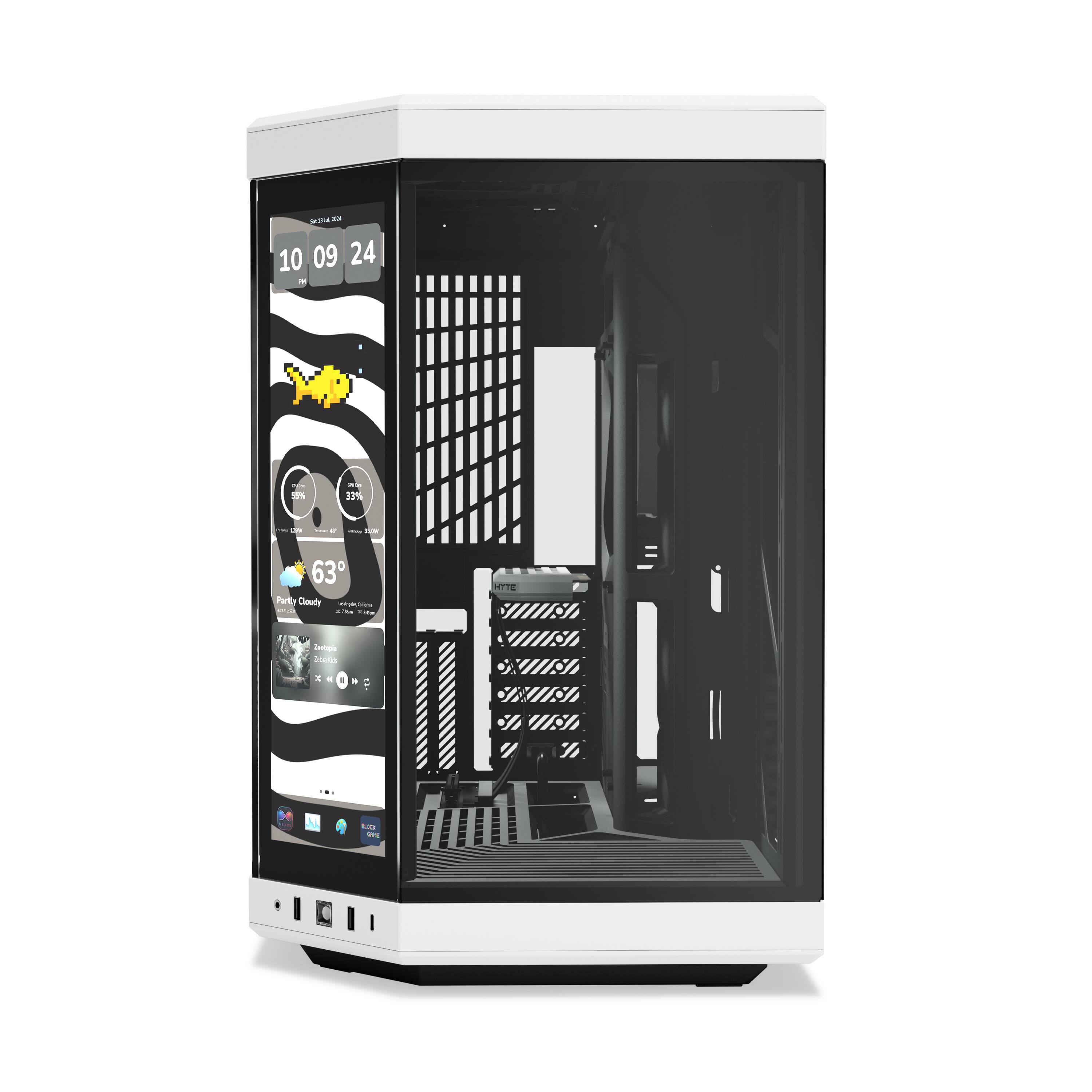 The image shows a computer tower with a zebra print design on the front. The time displayed on the computer is 10:09. The computer is open, revealing its internal components.