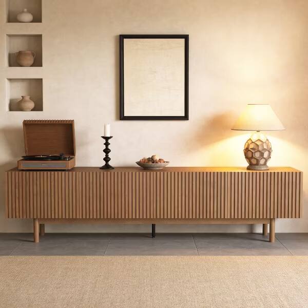 Alt View 1. luck idea - 86.6" Fluted Wood TV Stand for TV Up to 90", Mid-Century Walnut Media Console with Storage Cabinets & Cable Holes - brown.