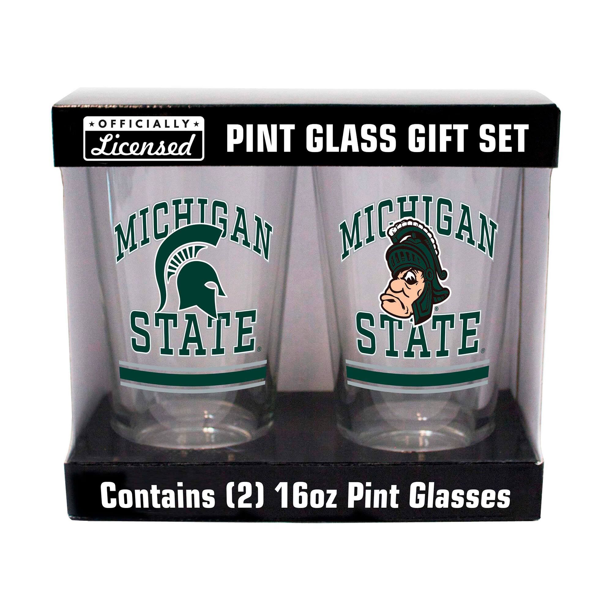 OFFICIALLY Licensed  
PINT GLASS GIFT SET  
MICHIGAN STATE  
Contains (2) 16oz Pint Glasses