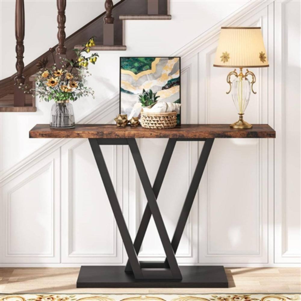 Left. Hivvago - Modern 43-inch Narrow Entryway Table with Brown Wood Top and Black Metal Frame - Brown, Black.