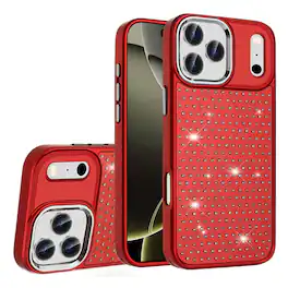 Kitcheniva - Faux Crystals Chrome Plated Phone Case With Tempered Glass For iPhone 17 Pro Max - Red