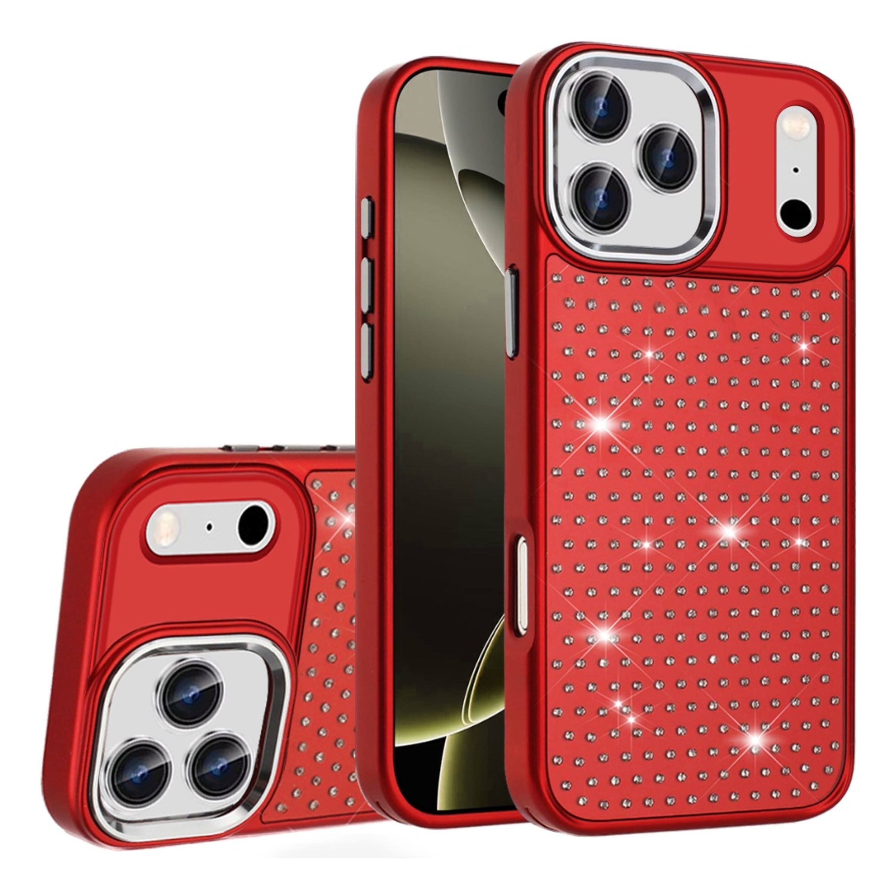 Front. Kitcheniva - Faux Crystals Chrome Plated Phone Case With Tempered Glass For iPhone 17 Pro Max Red - Red.