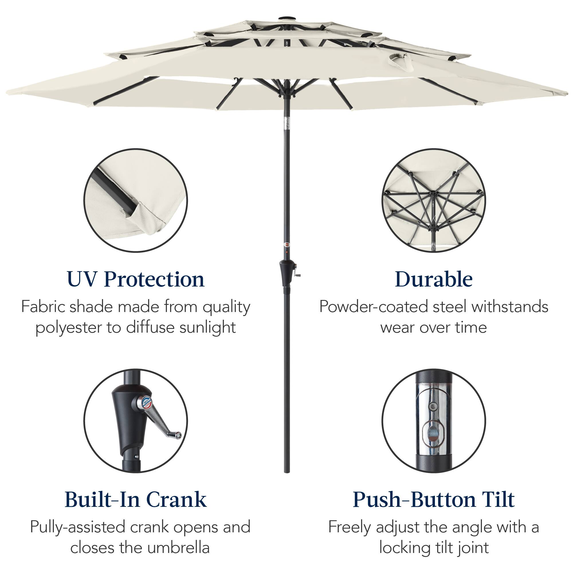 UV Protection Fabric shade made from quality polyester to diffuse sunlight. Durable Powder-coated steel withstands wear over time. Built-In Crank: Pulley-assisted crank opens and closes the umbrella. Push-Button Tilt: Freely adjust the angle with a locking tilt joint.
