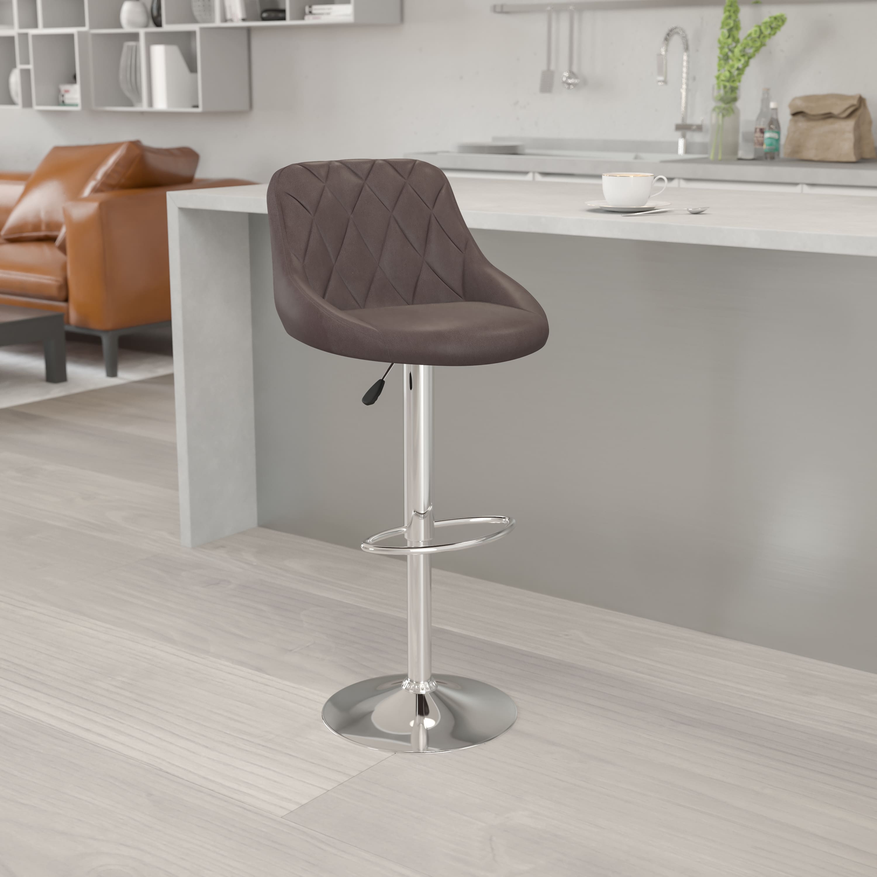 Emma + Oliver - Bucket Seat Adjustable Height Barstool with Diamond Pattern Back - Brown