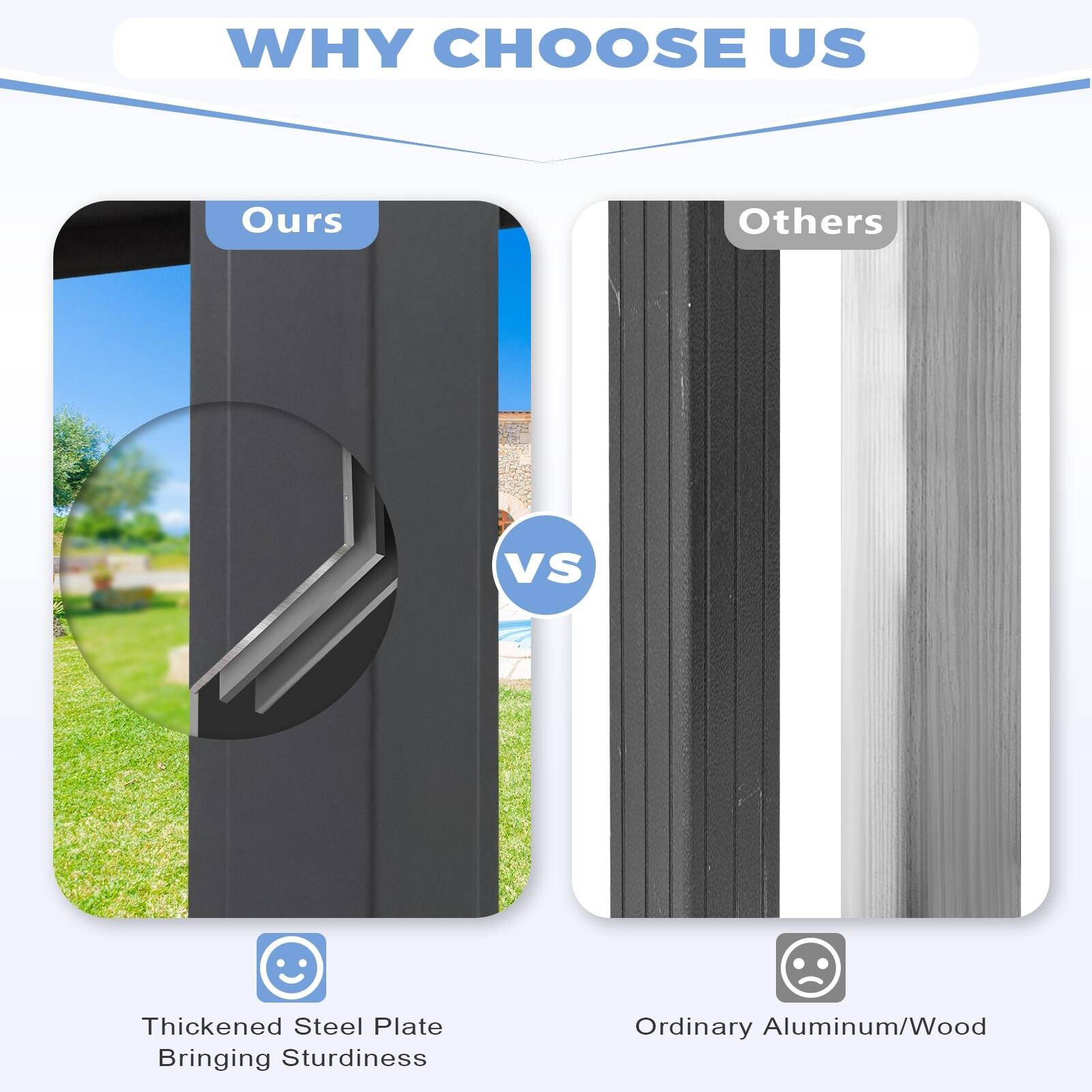 WHY CHOOSE US

Ours vs Others

Thickened Steel Plate  
Bringing Sturdiness

Ordinary Aluminum/Wood