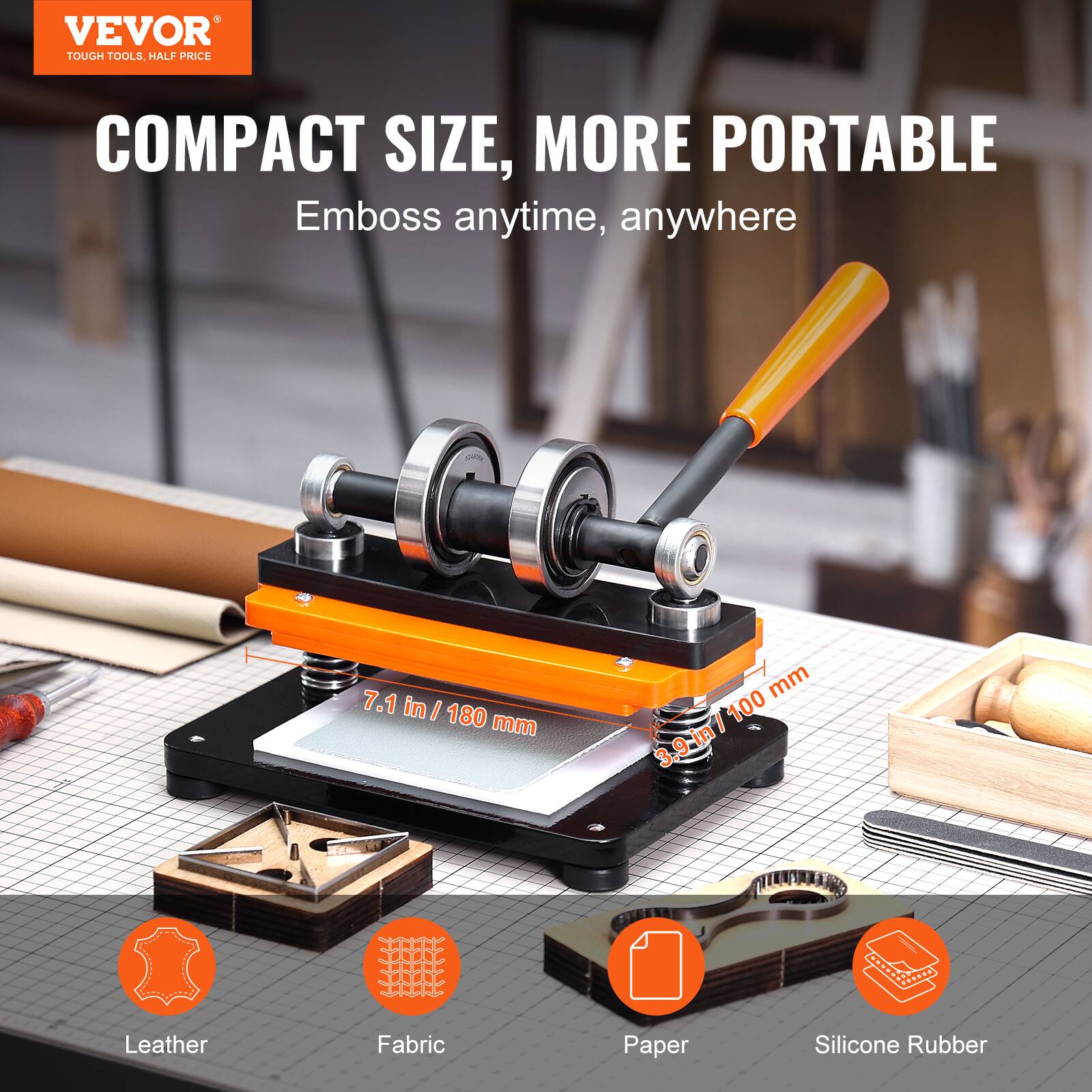VEVOR TOUGH TOOLS, HALF PRICE

COMPACT SIZE, MORE PORTABLE
Emboss anytime, anywhere

7.1 in / 180 mm
100 mm / 3.9 in

Leather
Fabric
Paper
Silicone Rubber