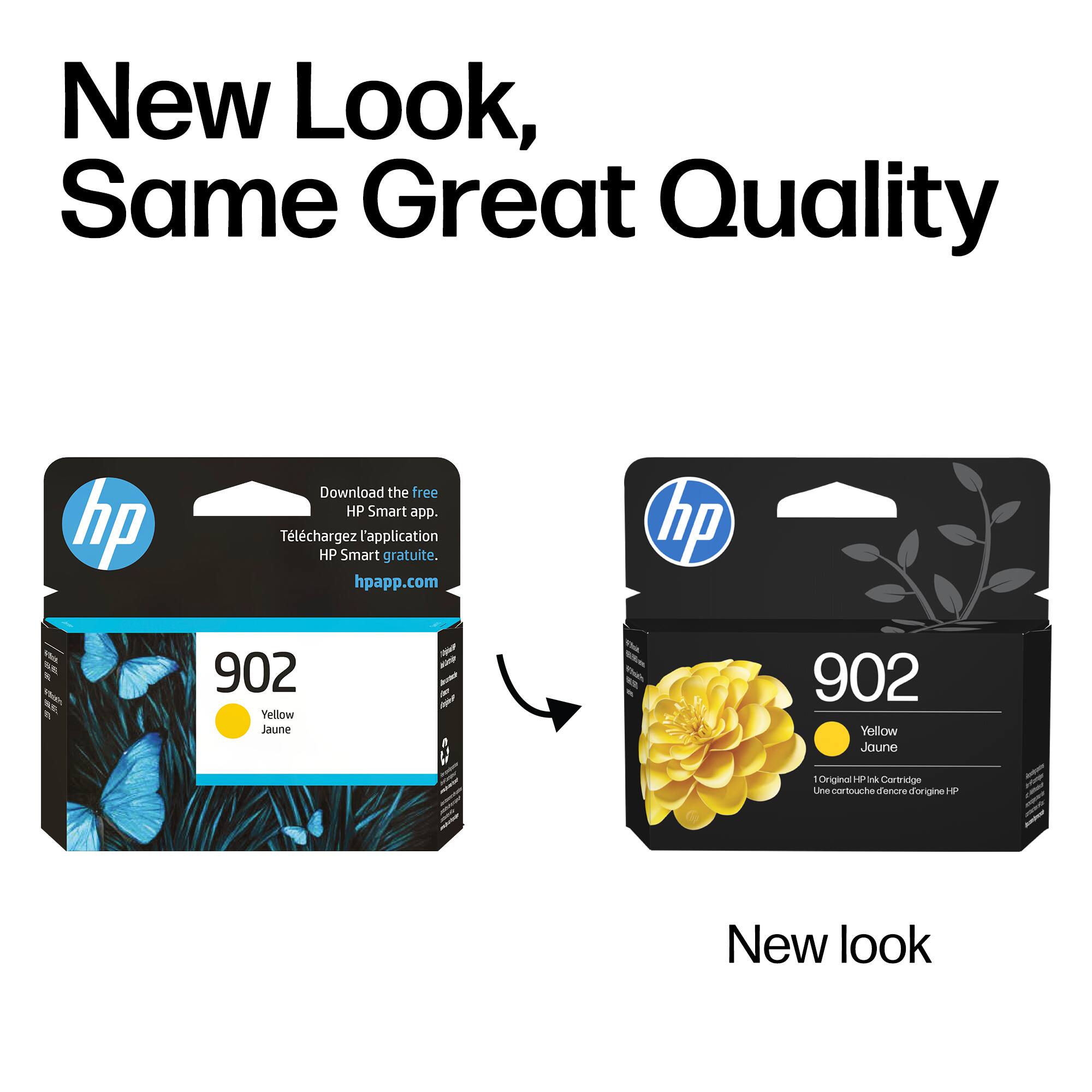 New Look, Same Great Quality

Download the free HP Smart app.  
Téléchargez l'application HP Smart gratuite.  
hpapp.com

902 Yellow Jaune  
Original HP Ink Cartridge  
Une cartouche d'encre d'origine HP

New look